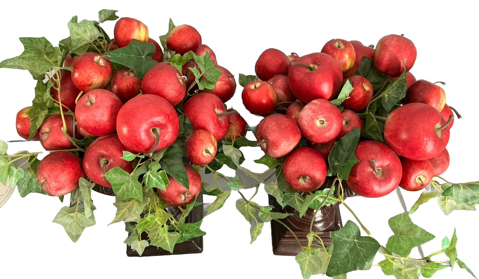 2 Vtg Artificial Red Apple Leaf Topiary Clay Planter Potted Heavy 16’’ Signed!