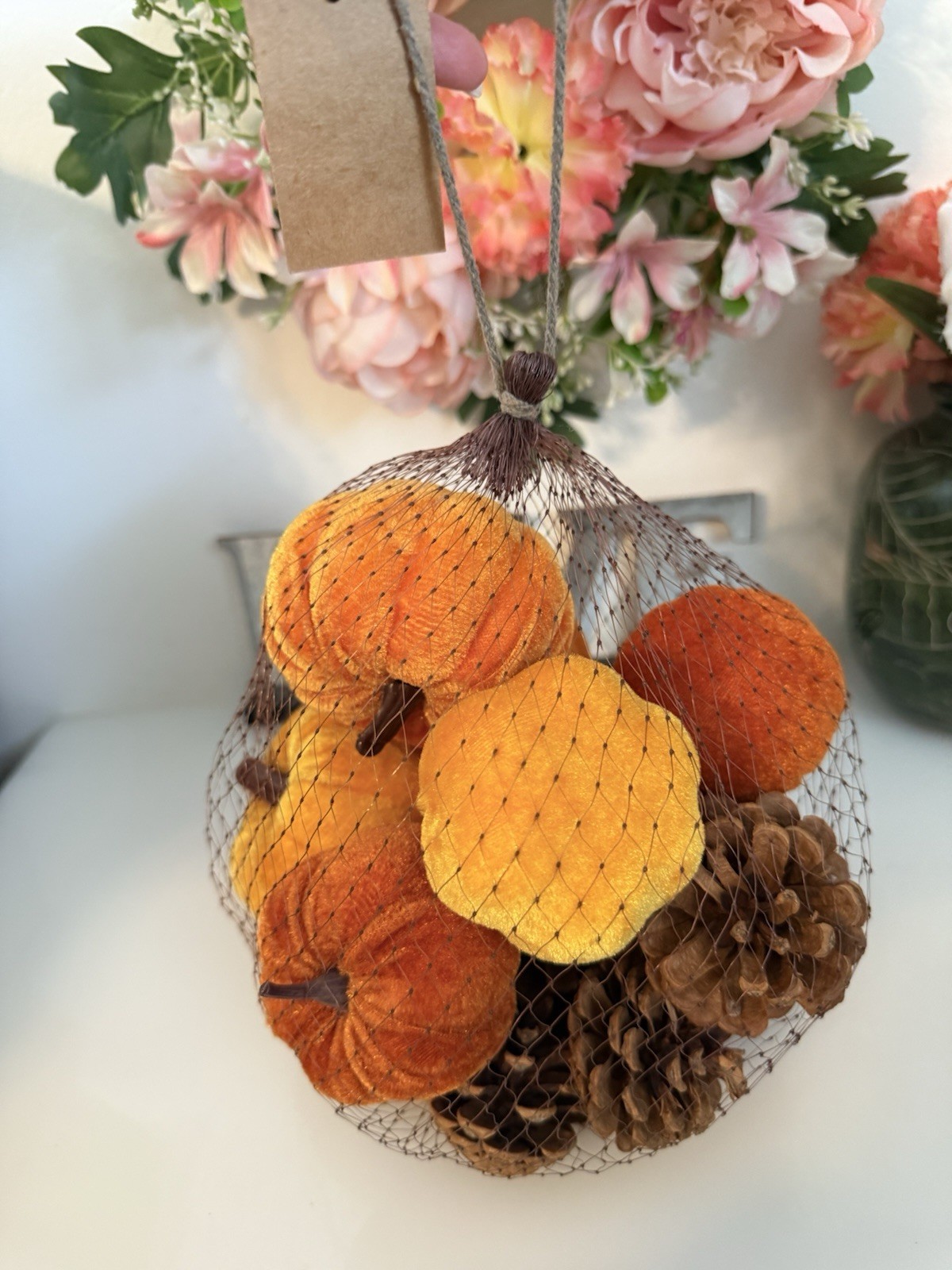 Fall 16 Pcs Velvet Pumpkin and Pinecones Net Bag Decoration Set Assort Sizes New