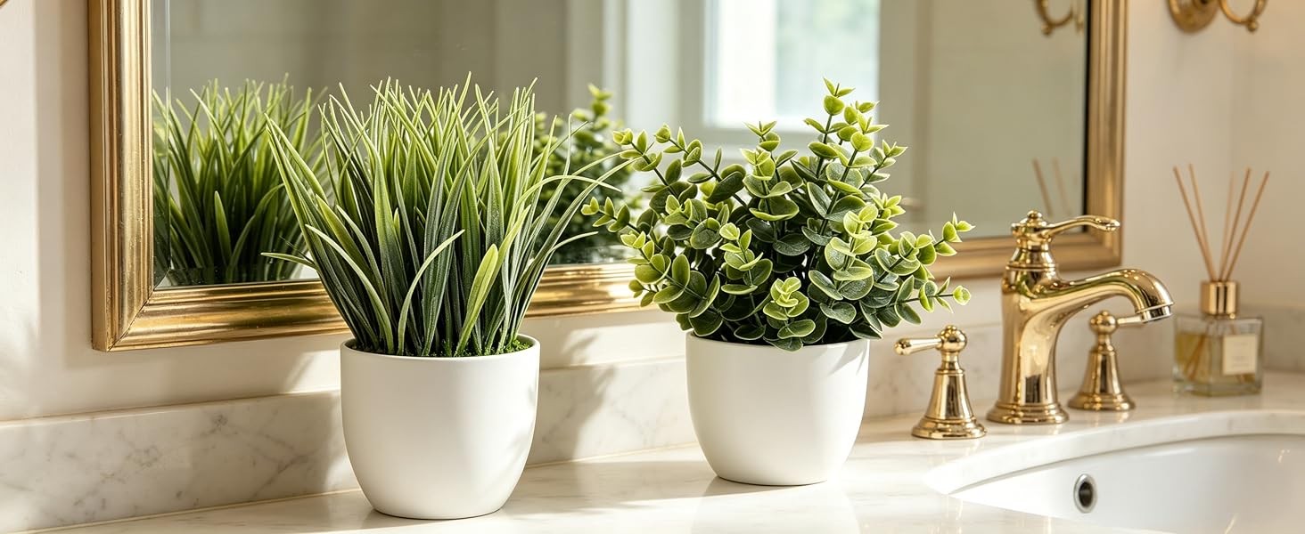 2 Pack Small Fake Plants, Artificial Eucalyptus Potted Plants for Spring and