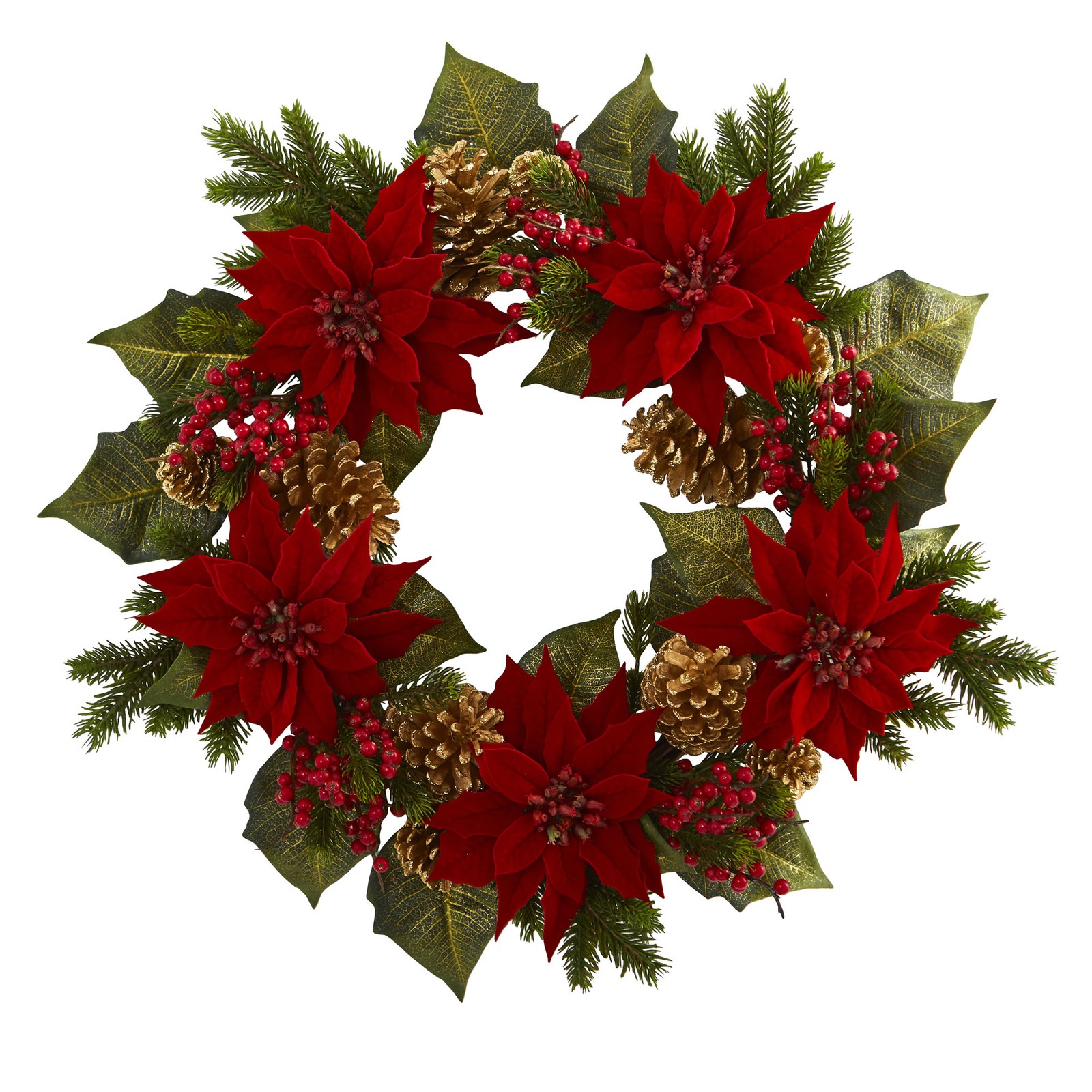 Nearly Natural 24” Poinsettia Berry and Golden Pine Cone Artificial Wreath Decor