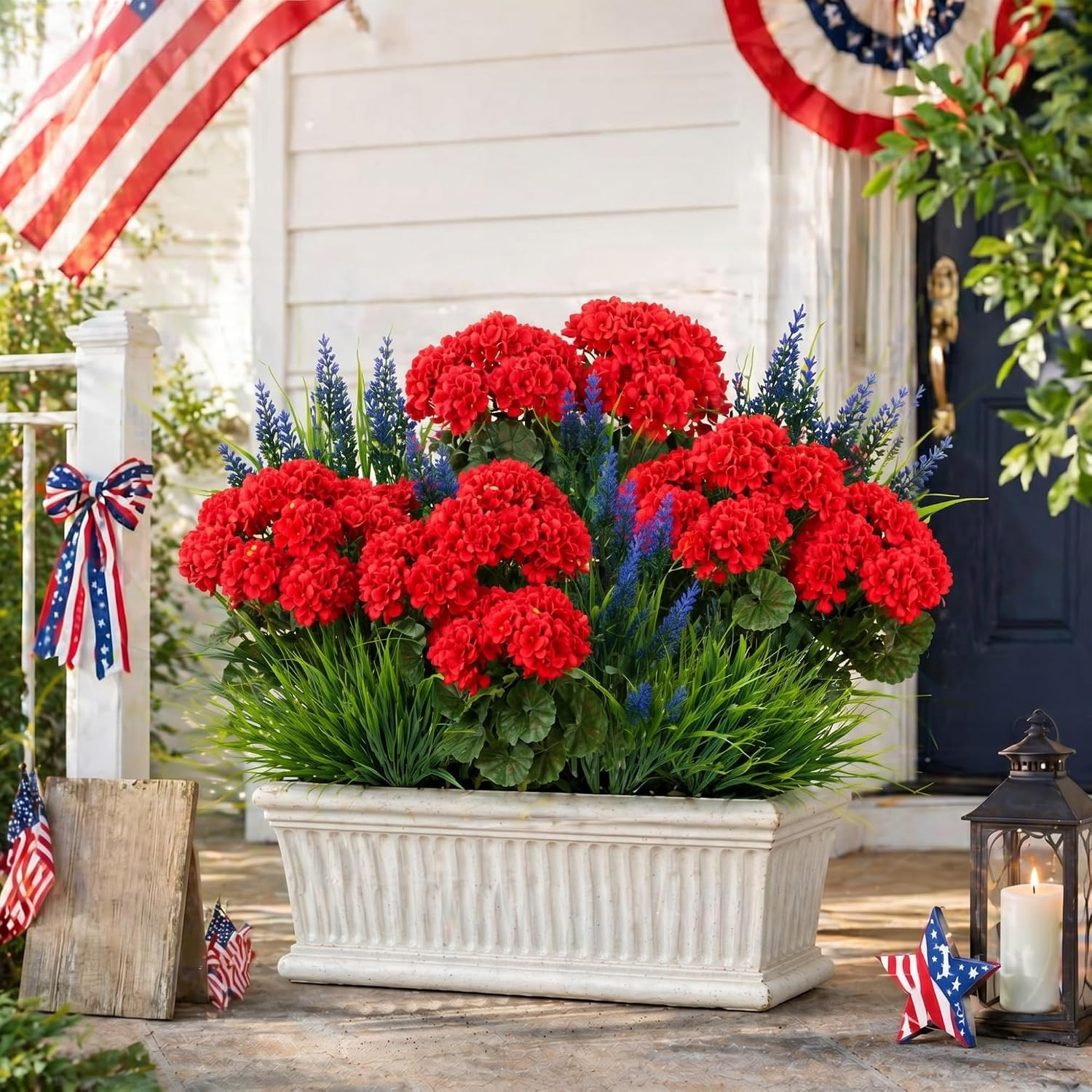 Realistic 13 Pcs Red Geraniums & Grass for Outdoor Home Garden Decor