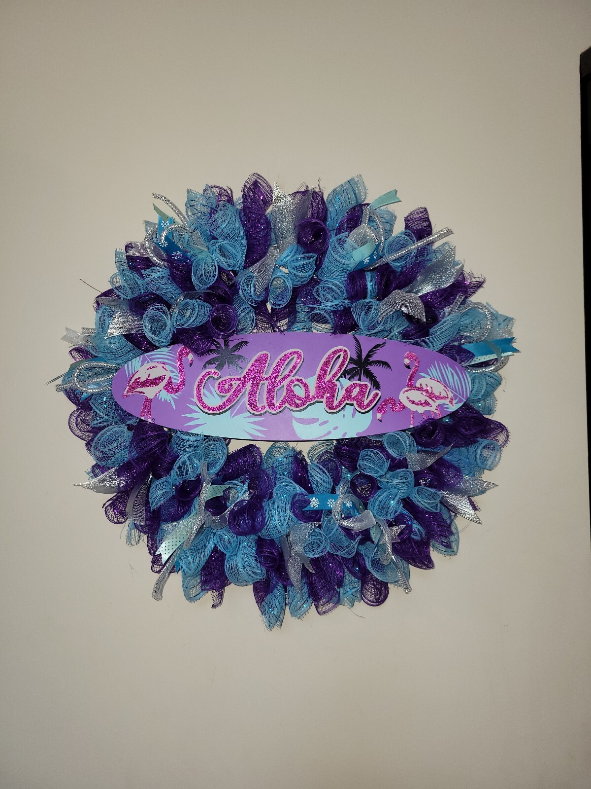 ALOHA Summer Spring Mesh Front Door Wreath Wall Decor BRIGHT Purple Pink Blue
