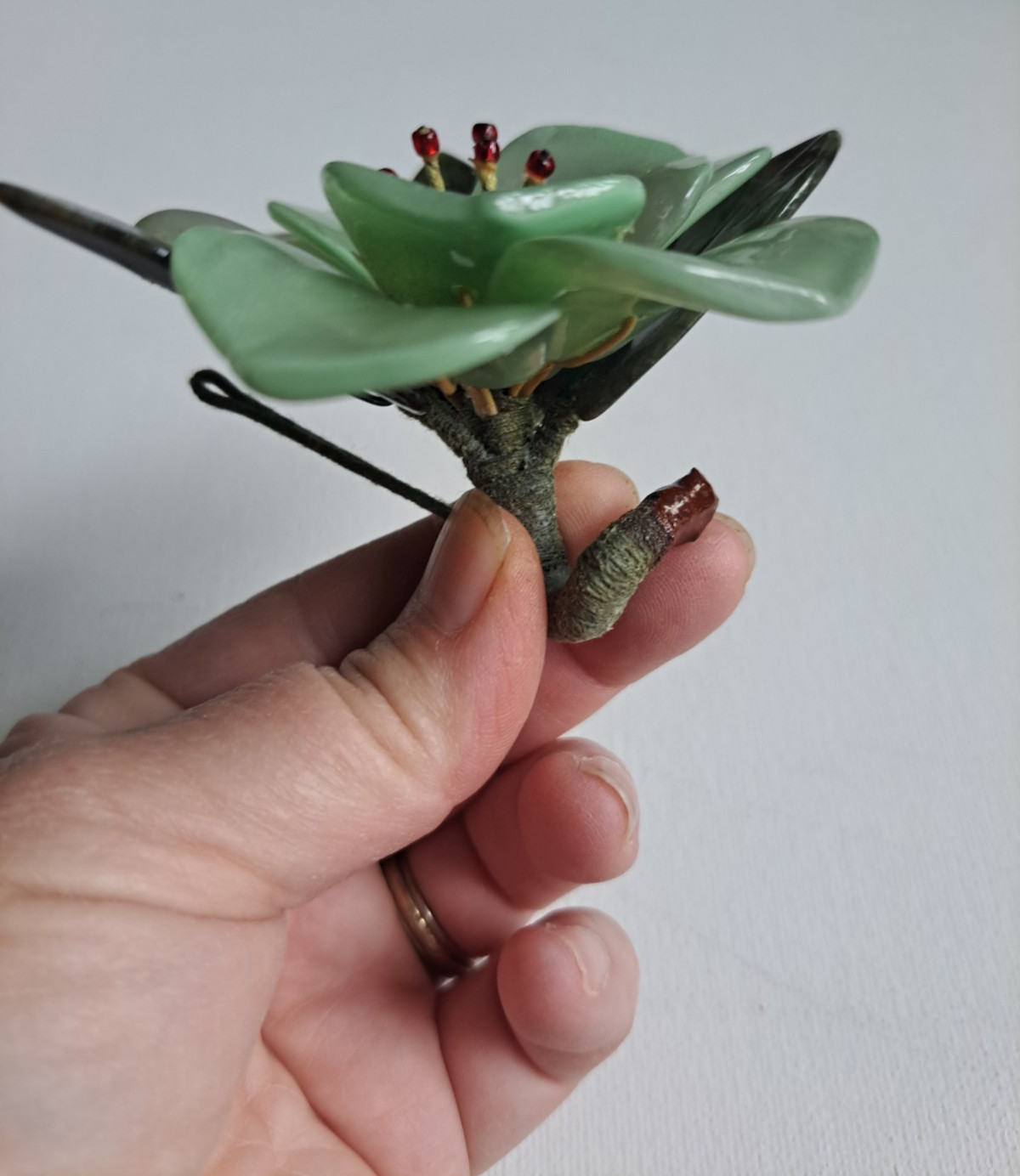 Vintage Chinese Hand Carved Jade Lotus Green Stone Flower Cluster Decor
