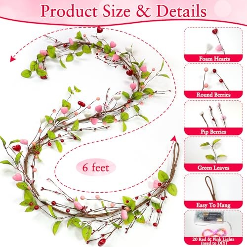 Timer – Lighted Christmas Valentines Garland Valentines Day Decorations, 6 Ft