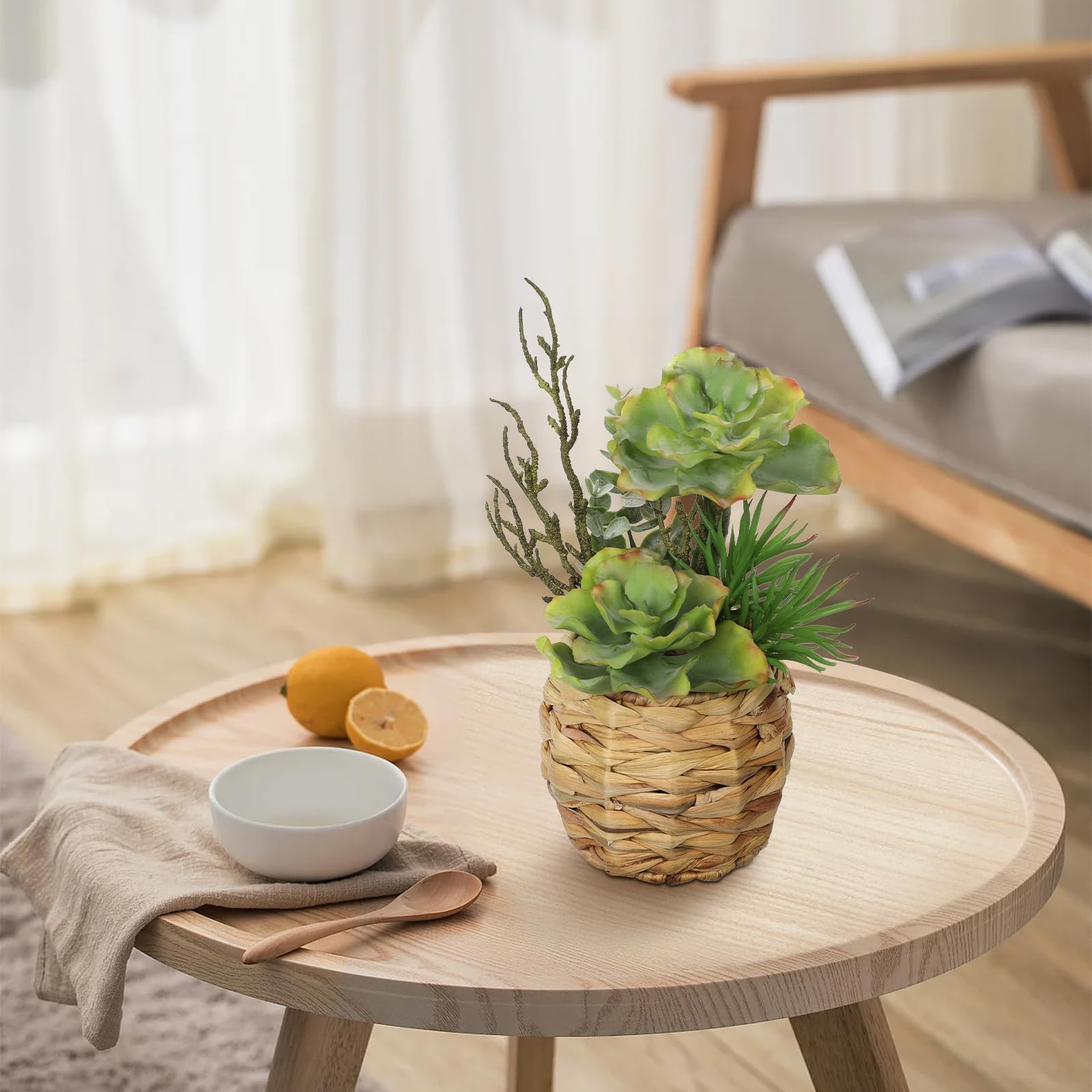10 Inch Large Artificial Succulents Plants Wooden Pots Faux Potted Desk Decor