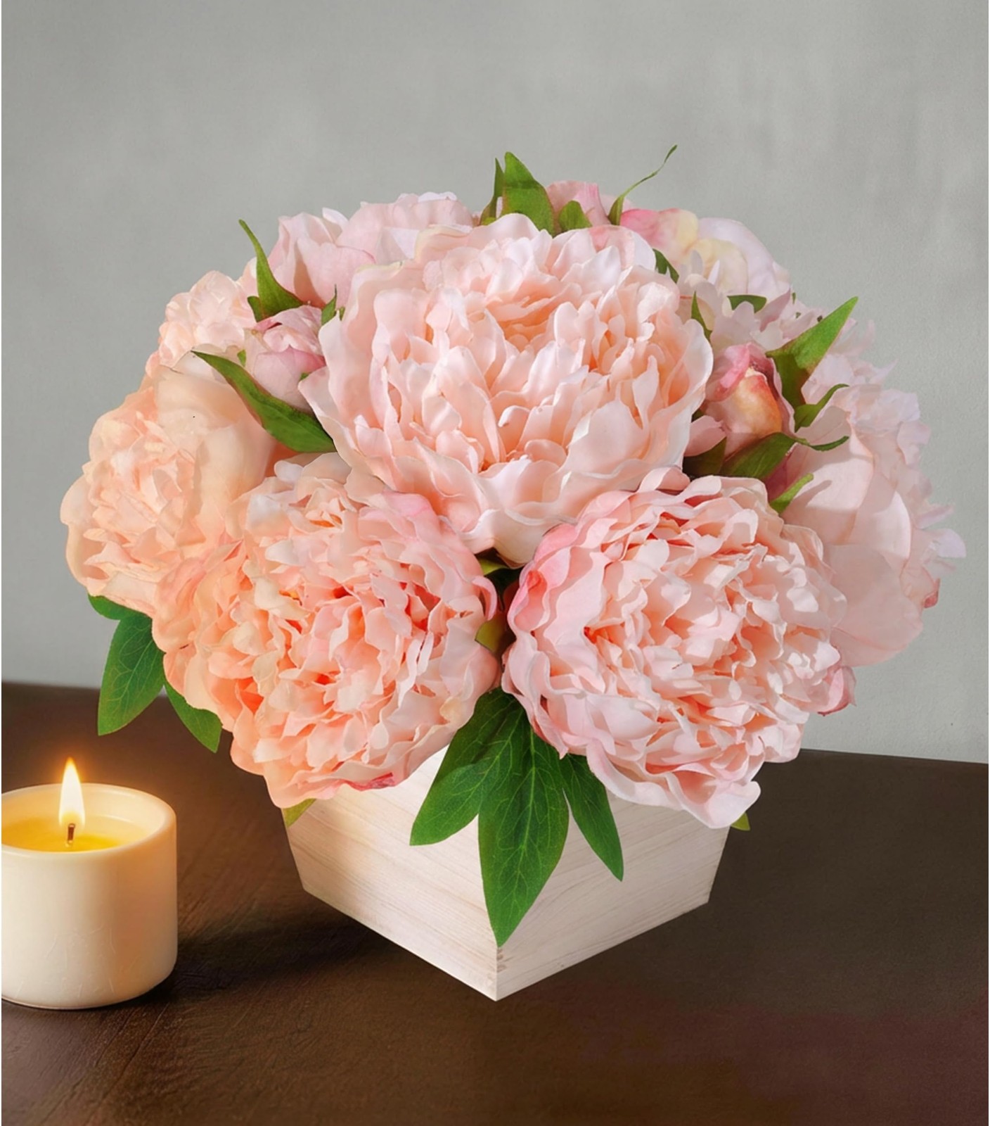 12 PCS Light Pink Artificial Peony Flowers Wood Planter Faux Silk Centerpiece