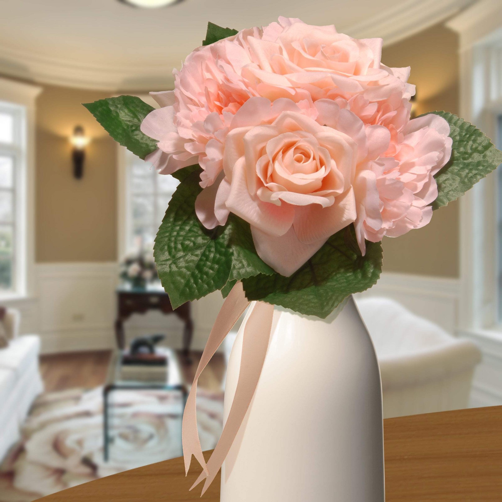 12 in. Spring Floral Bouquet with Pink Rose and Peony Blooms, Ribbon, Seed Pods,