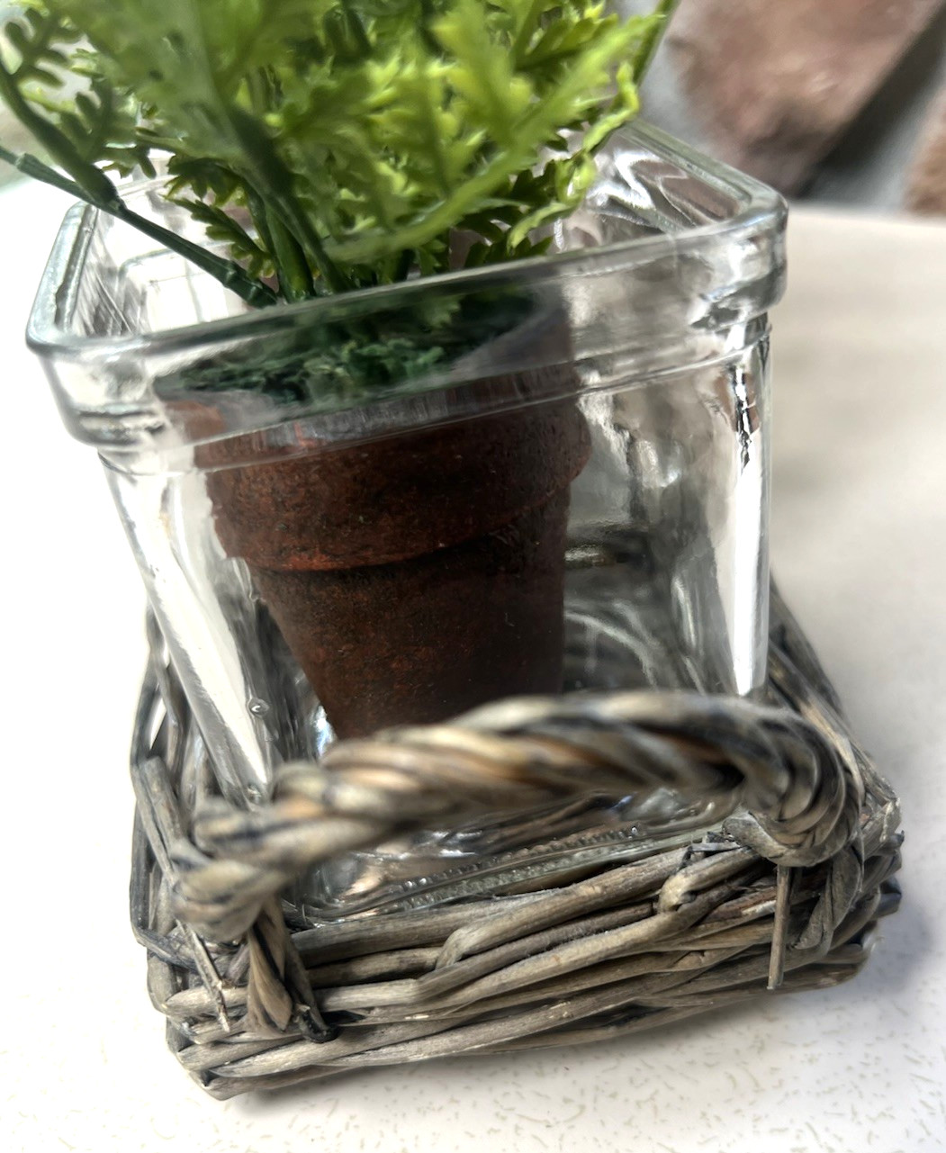 Tabletop Garden Mini Faux Fern Clay Pots With Rattan Wicker Tray & 5 Glass Vases