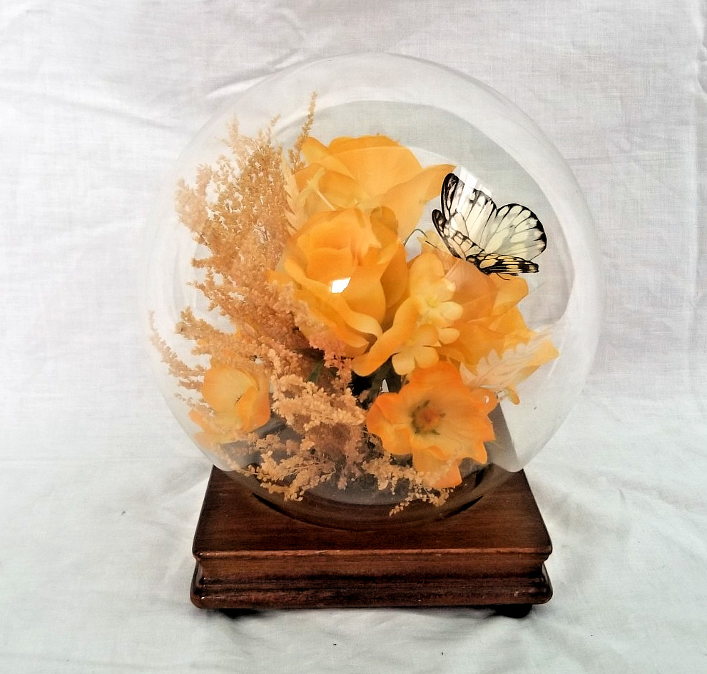 Butterfly & Yellow Rose Faux Flowers In Glass Dome Curio Display Globe 9″