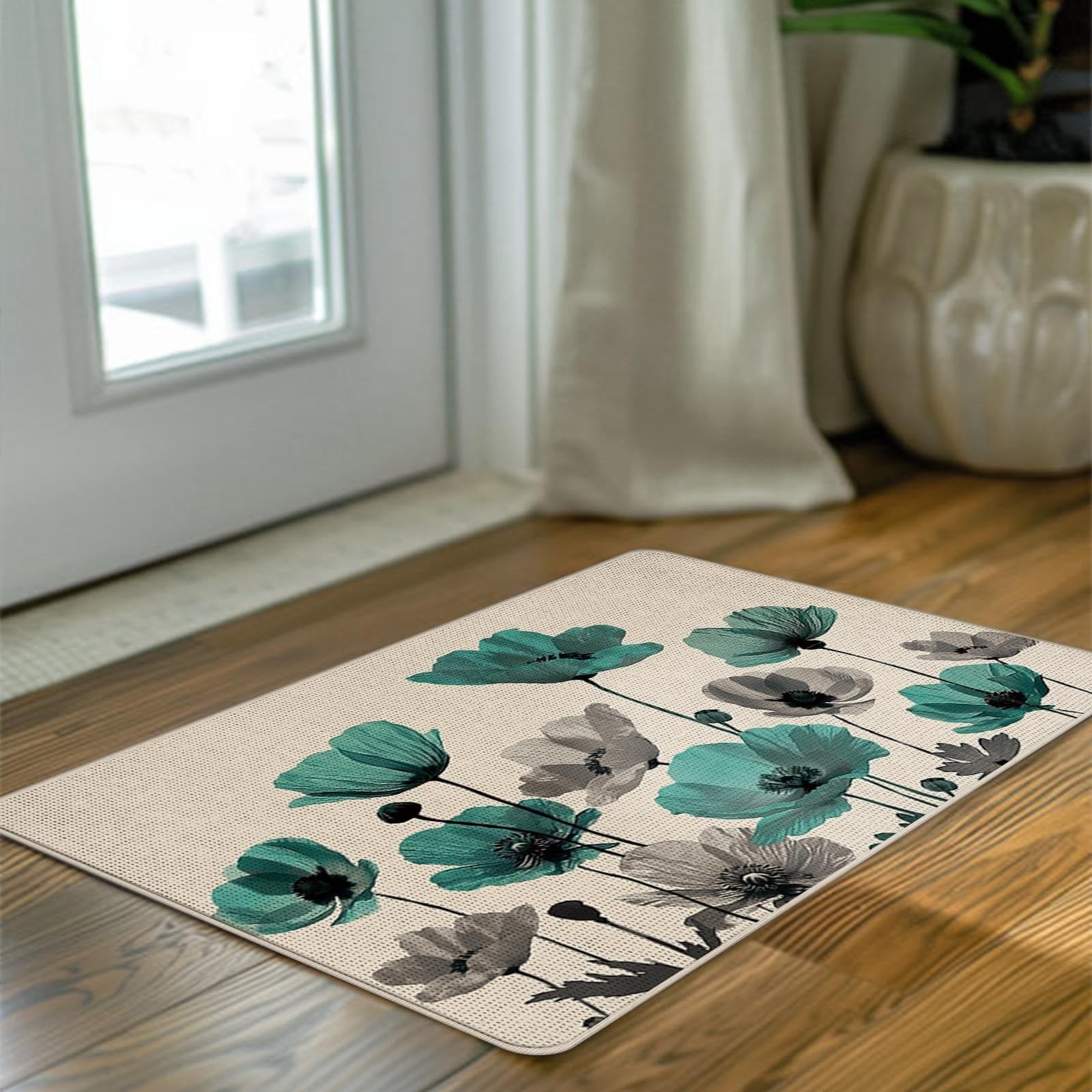 Livcoz Poppy Flower Welcome Front Door Mat, Spring 17”x29”, Teal