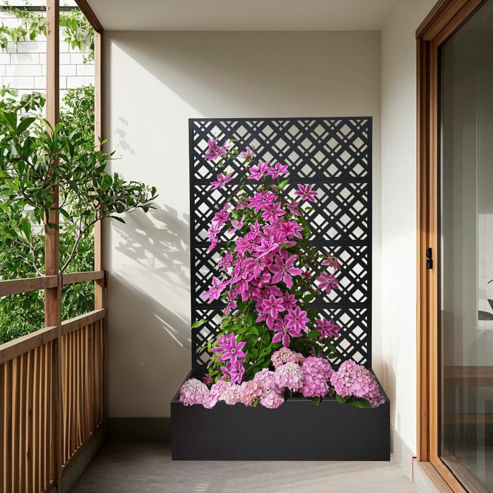 Metal Raised Garden Bed With Trellis, Black Planter Box For Backyard Patio