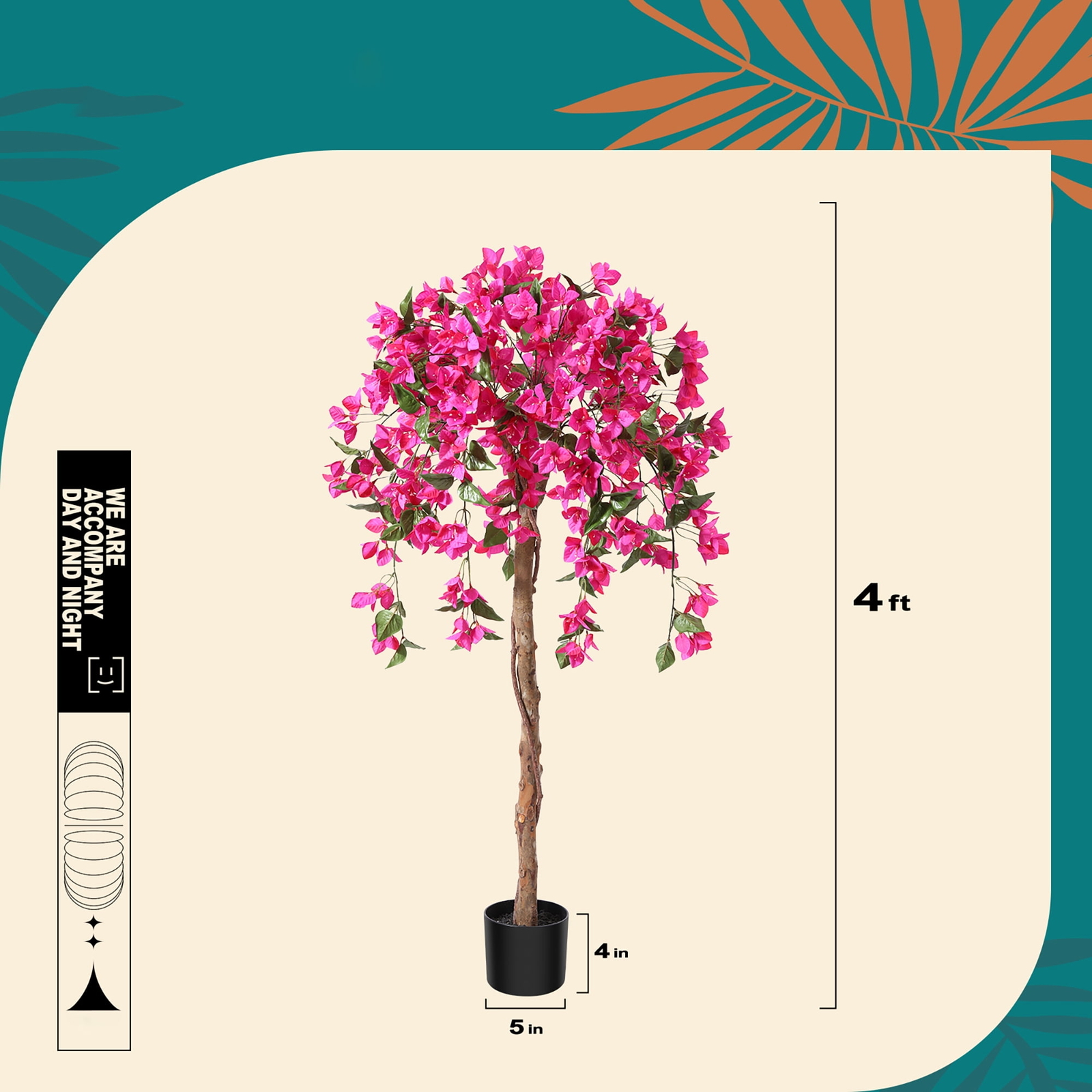 4FT Potted Bougainvillea Tree, Pink Flowers, Wood Trunk, Housewarming Gift Decor