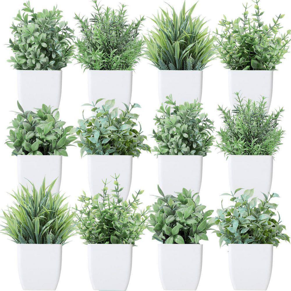 6.7-7.5 In. Green Indoor Artificial Shrub 12-Pack Mini Plastic Potted Faux Plant