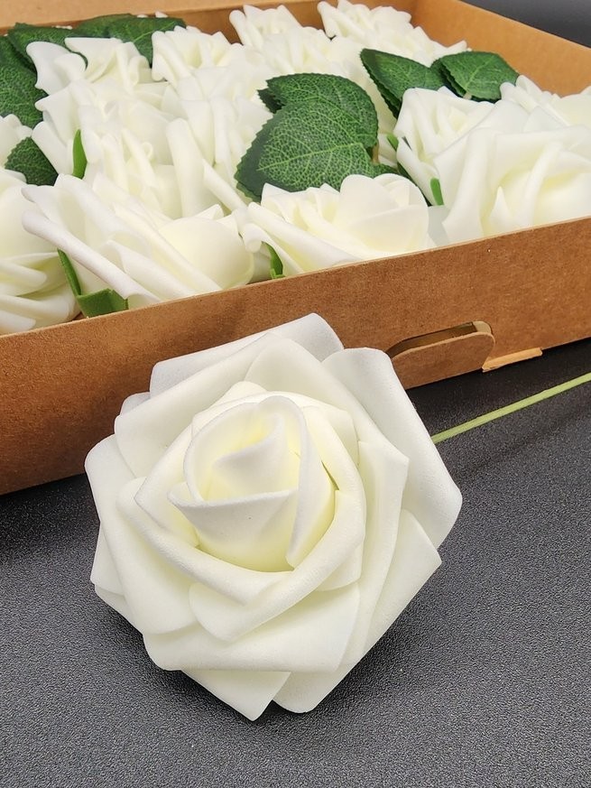 Floroom Artificial Foam Flowers 25 pcs. Ivory Roses w/Stems & Leaves – New