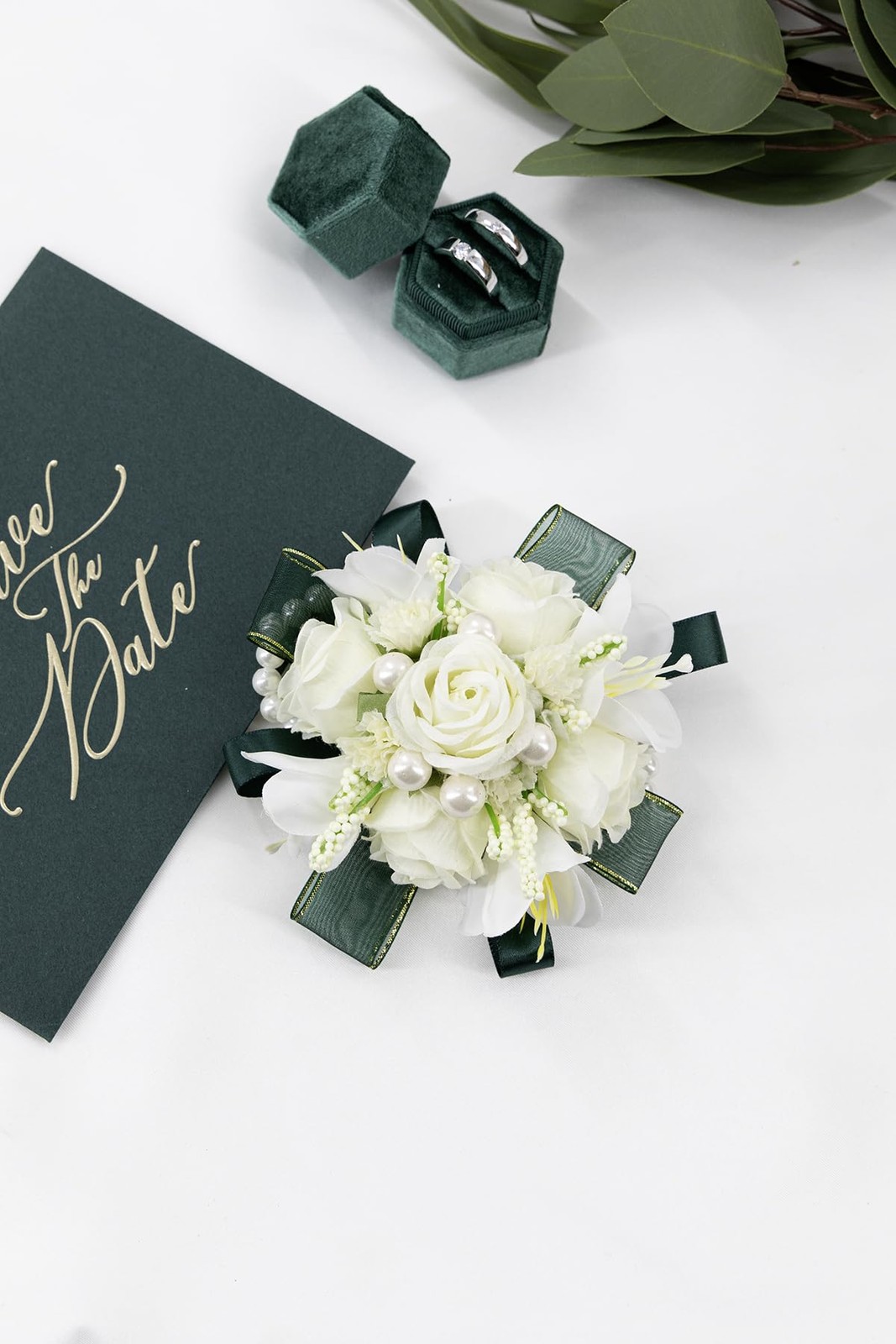 White Rose Corsage and Boutonniere Set, Prom Flower Wrist Corsage Wristlet Ba…