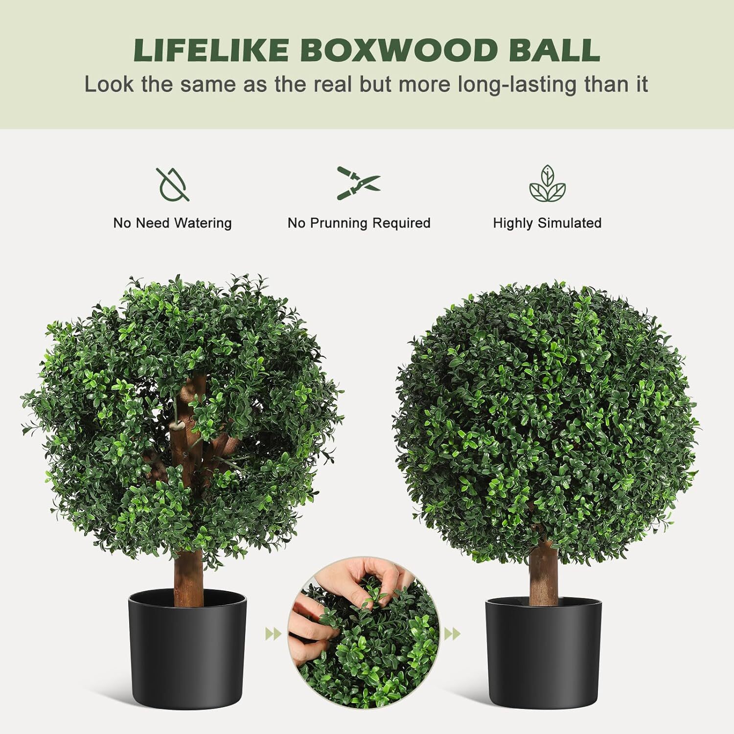24 Inch Artificial Topiary Boxwood Ball Trees, Set of 2 Plants with 6″ x 5″ Pot