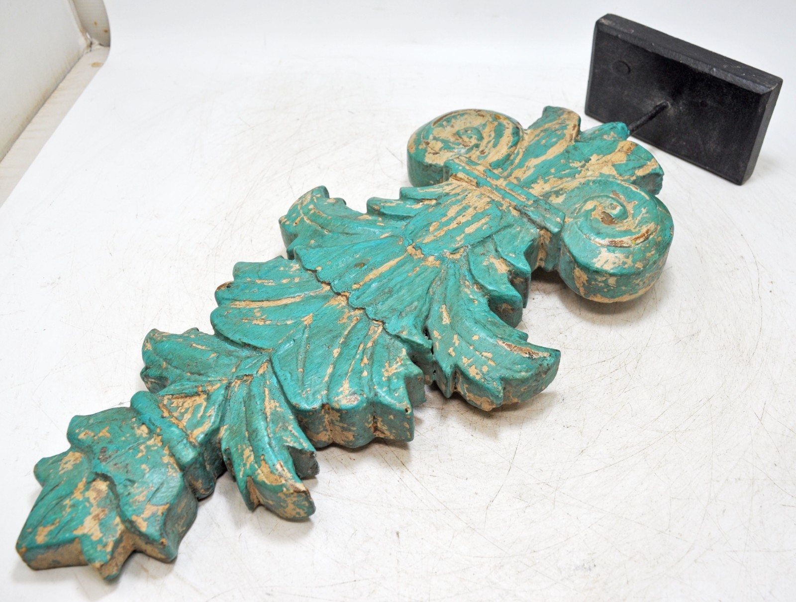 Hand Carved Wooden Flower Carving Panel Plaque on Stand Rustic Green Painted