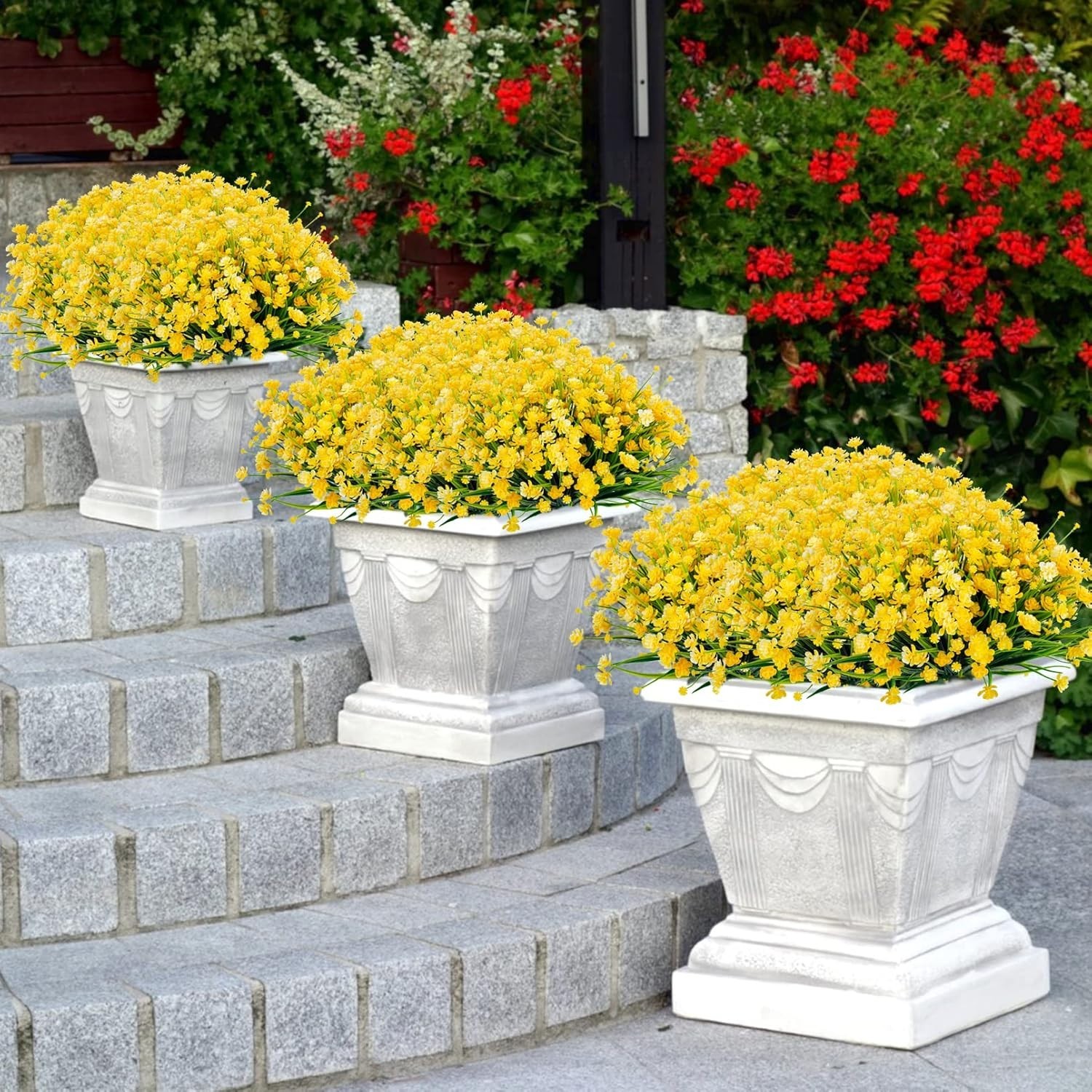 Elegant Yellow Artificial Flowers: 12 UV Resistant Bundles for Charming Spaces