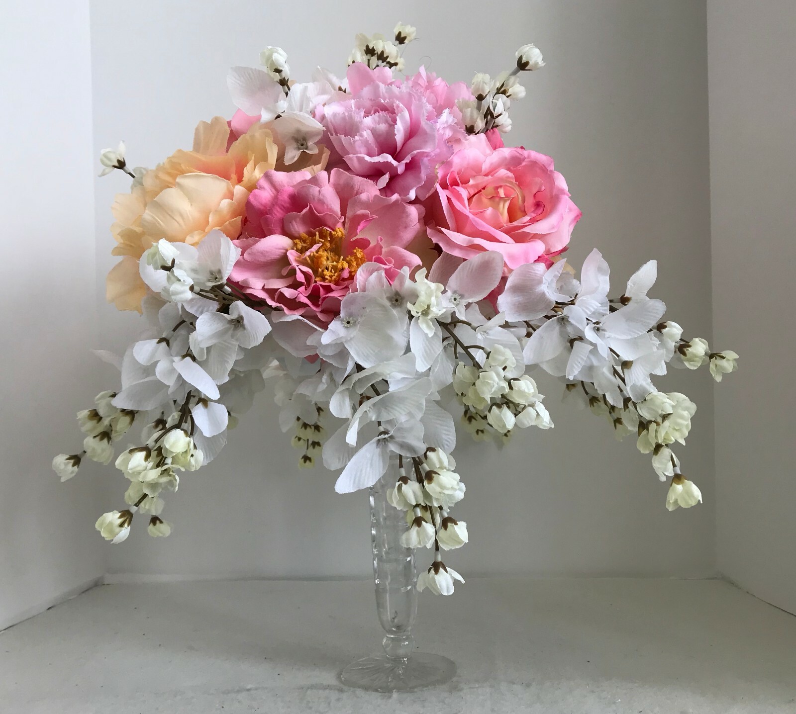 Floral Arrangement Centerpiece Multi-Colored Silk Flowers Cut Glass Vase