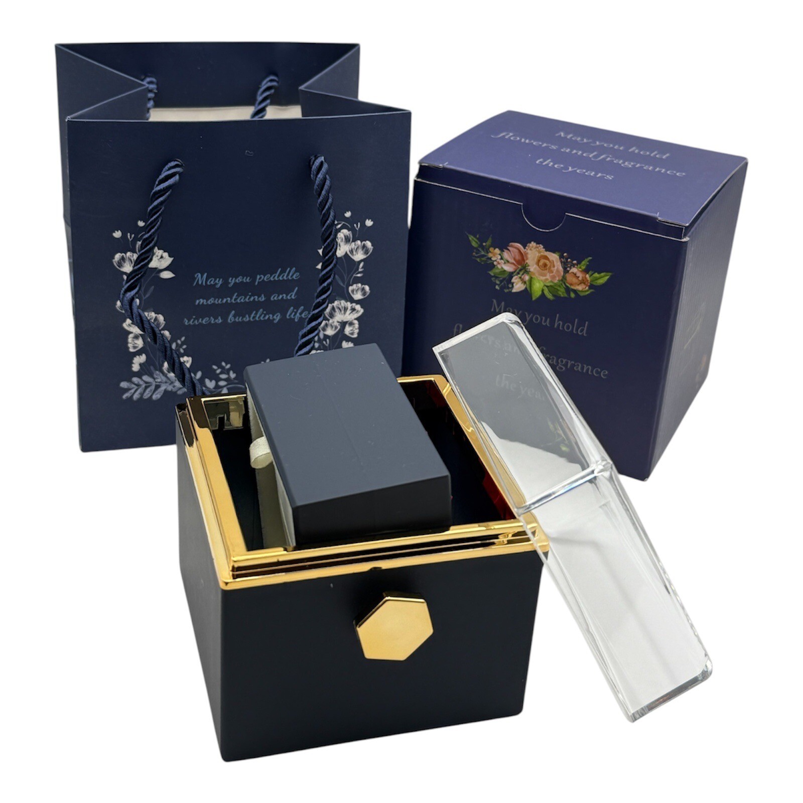 Rotating Blue Valentine wedding Eternal Rose Flower Ring Necklace Gift Box