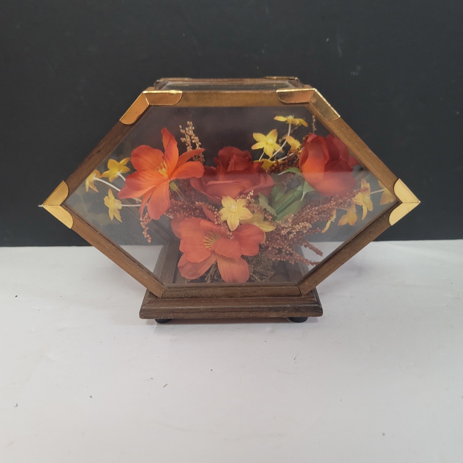 Vintage glass brass wood encased flowers decor Autumnal Colors