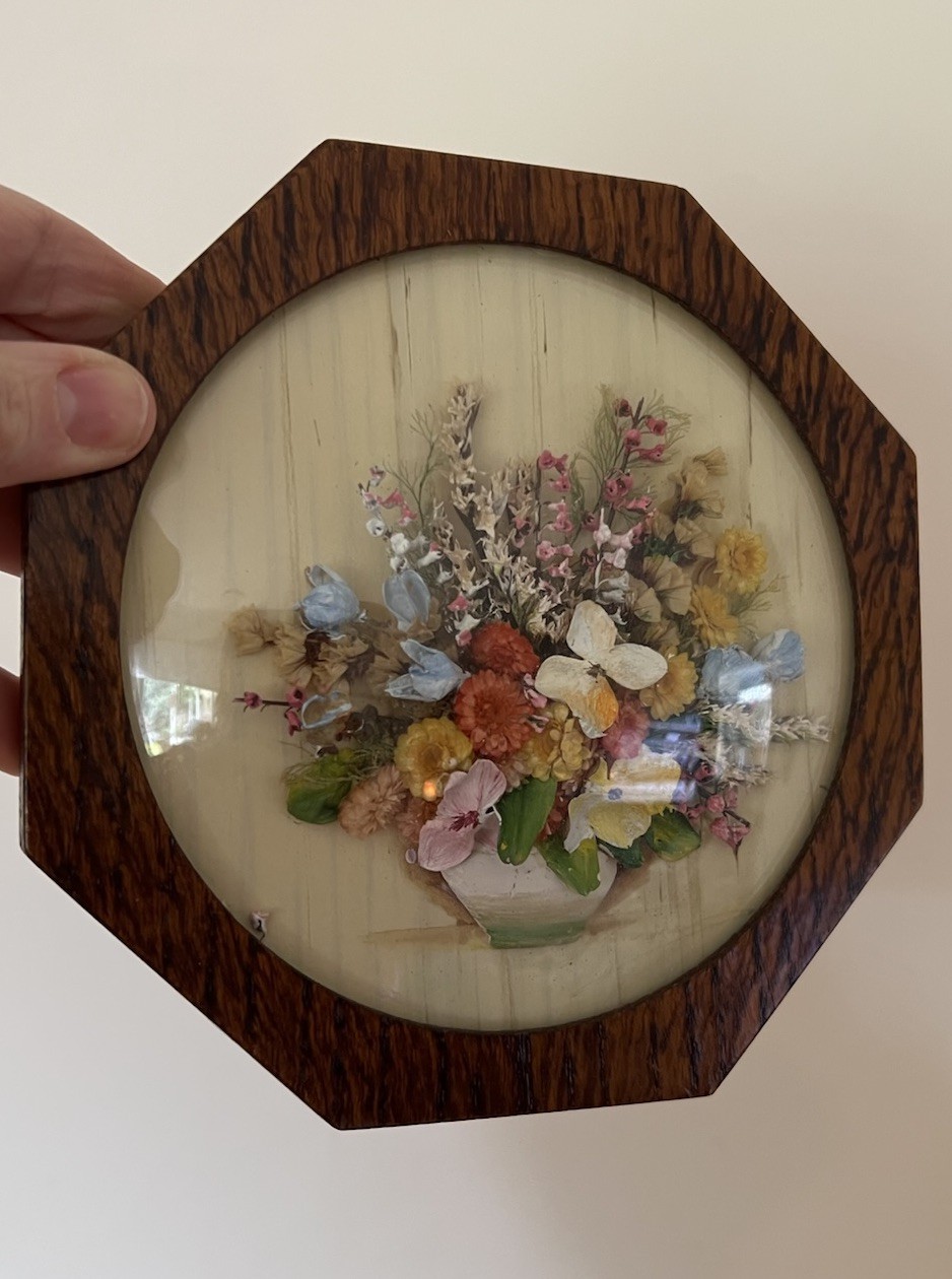 Vintage Wooden Octagonal Dried Flowers In Frame With Glass 17cm