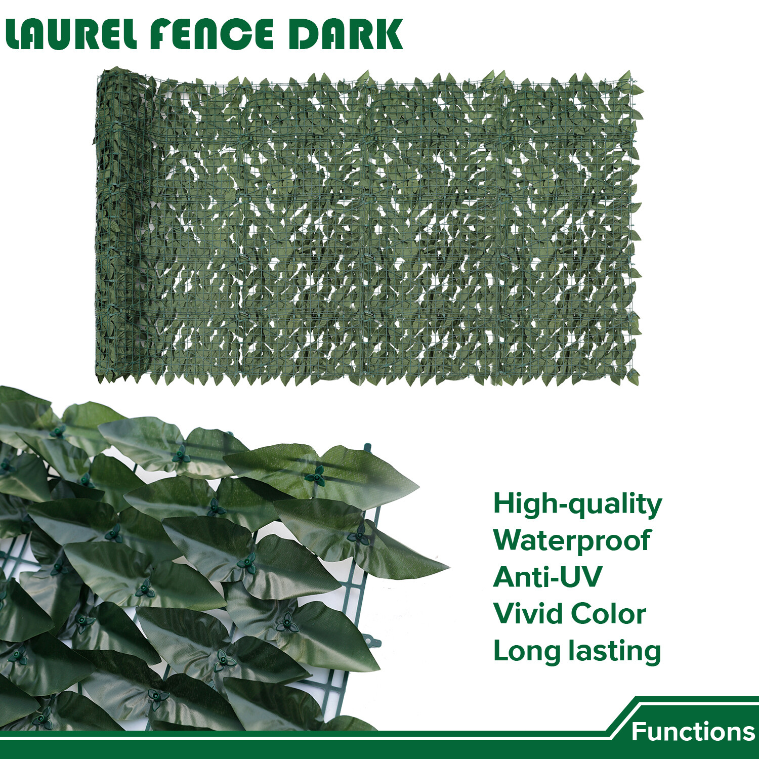 4’x8′ Artificial Dark Faux Laurel Leaves Privacy Fence Screen w/ Mesh Backing