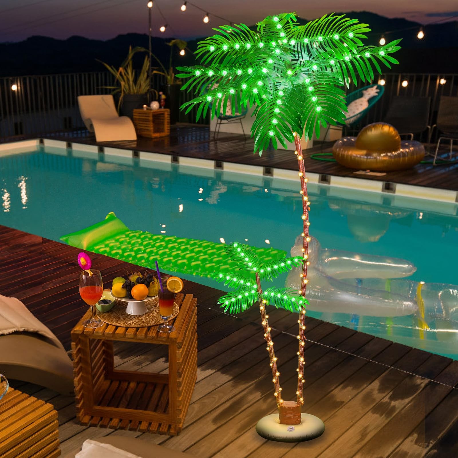 7FT Dual Trunk Solar Palm Tree 8 Modes Remote Control Timer Waterproof LED Outdo