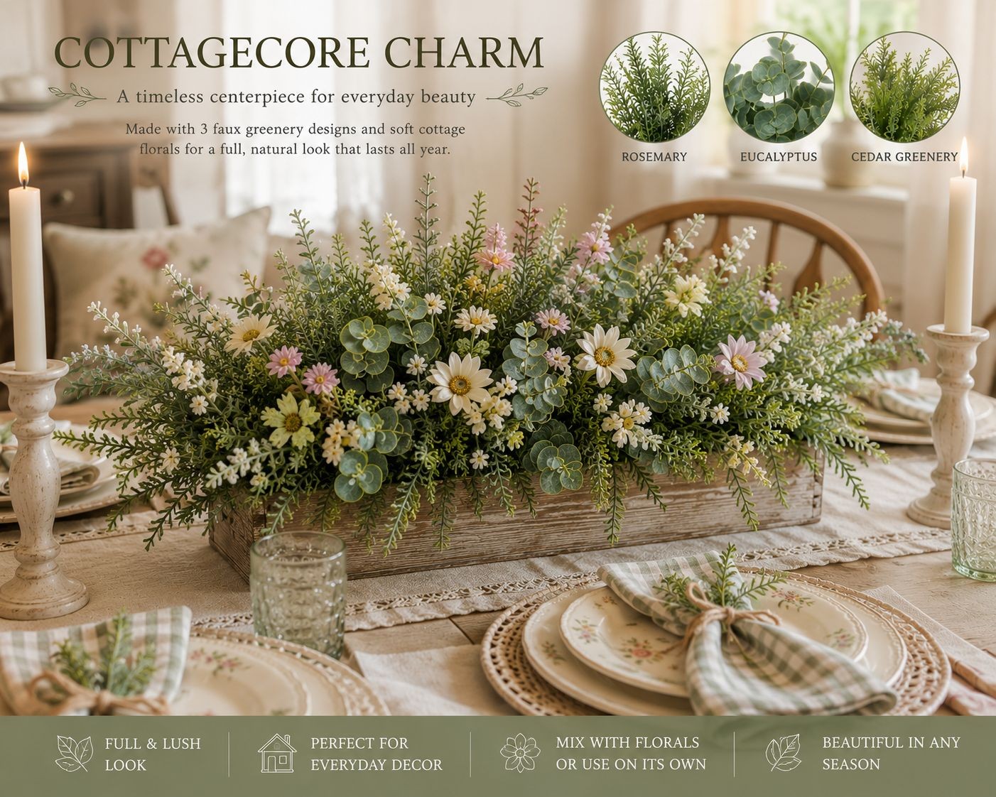 Set of 3 Faux Greenery Bushes Artificial Eucalyptus Rosemary Cedar Greenery Wedd