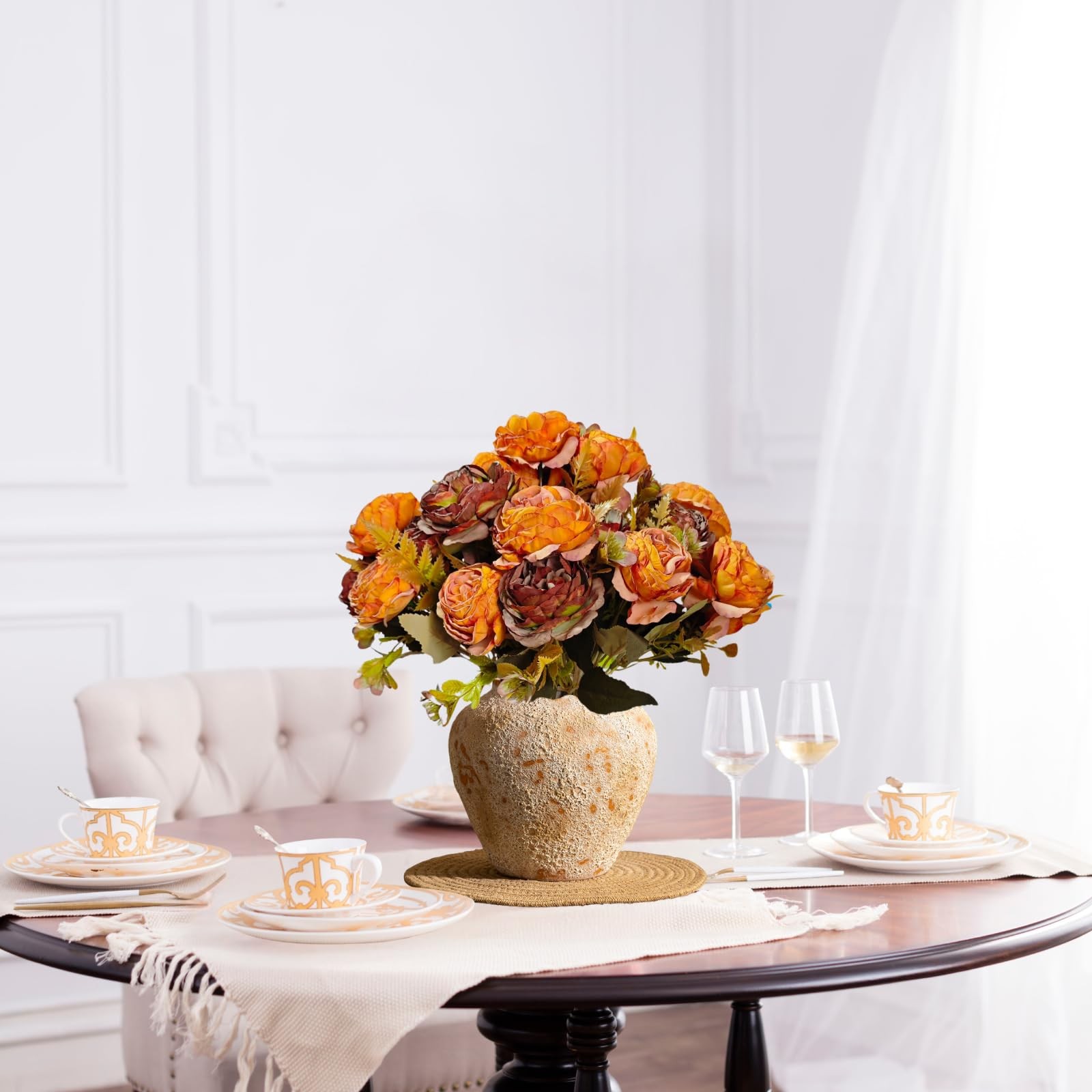 8 PCS Burnt Orange Peonies Artificial Flowers Fall Fake Peony Silk Bouquet Table