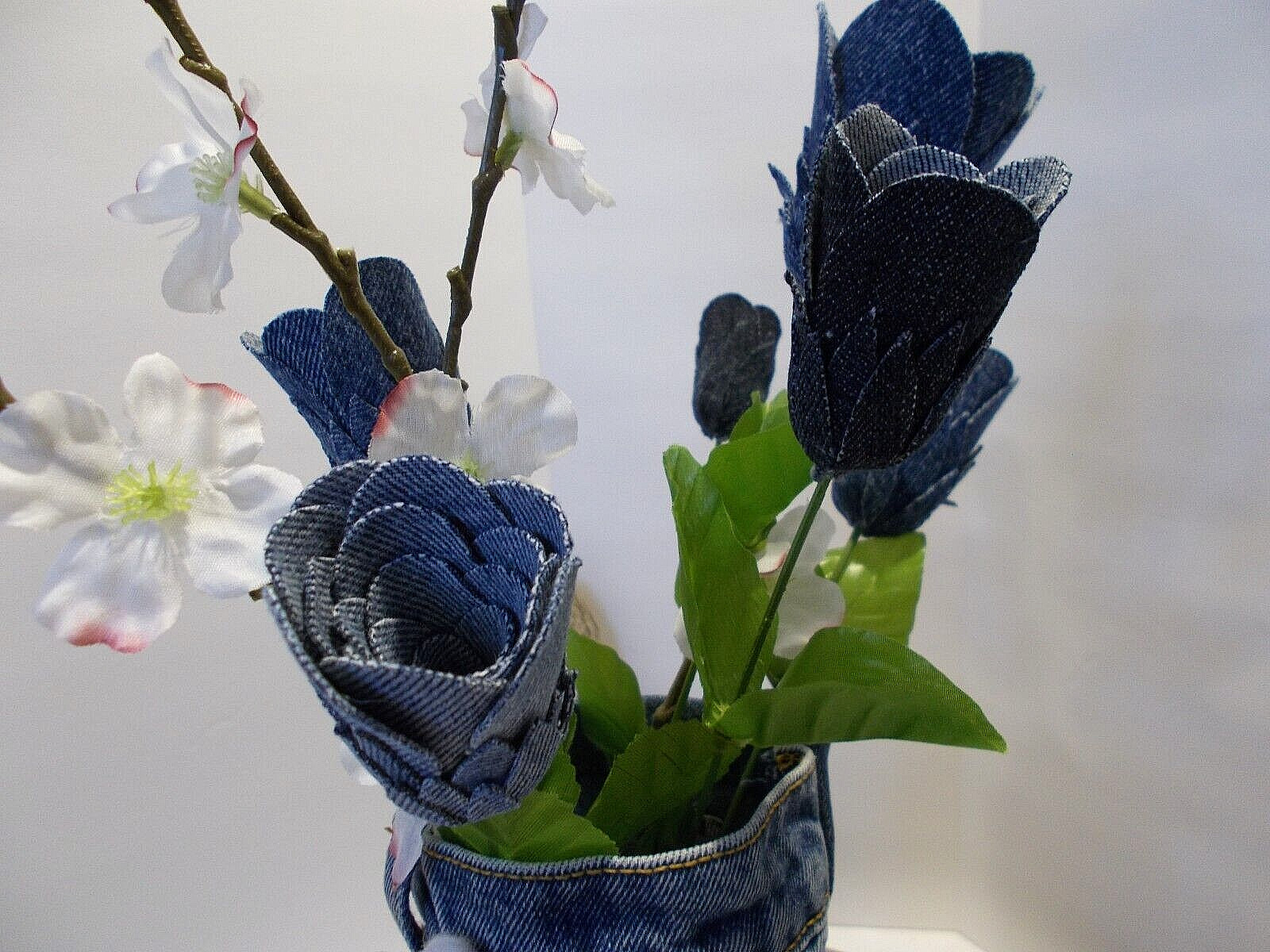 Denim Roses & Flowers in Recycled Denim Jeans Vase and Sm Valentines Hugs Bear