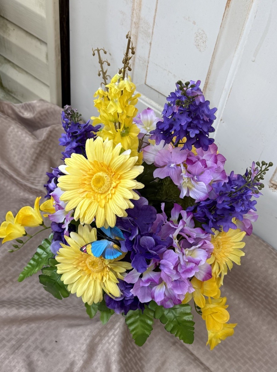 Artificial cemetery flower Arrangements Grave Flowers Purple And Yellow
