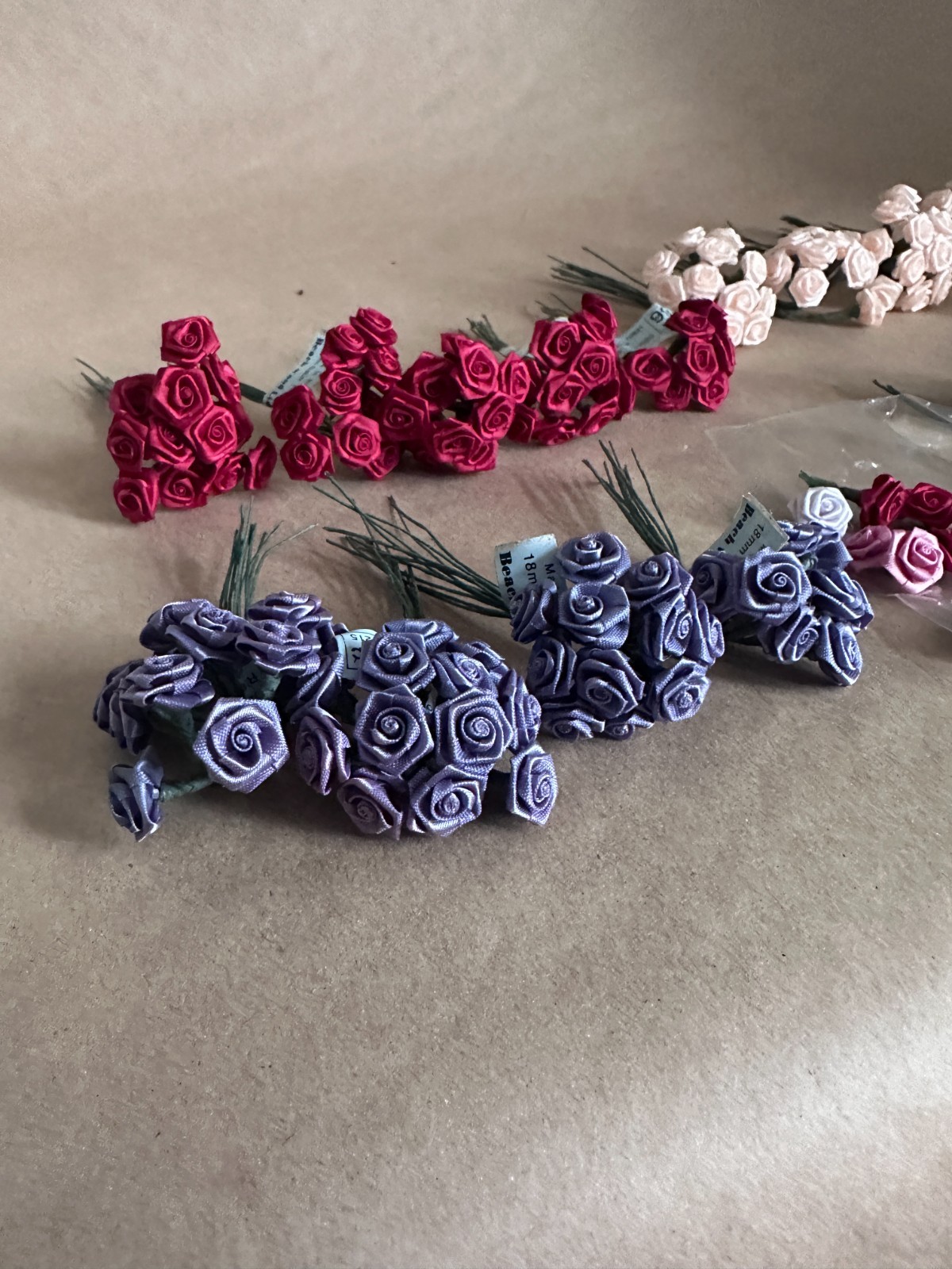 vtg. Assorted Bouquet, Single Satin Roses for Crafting Decoration most with tags