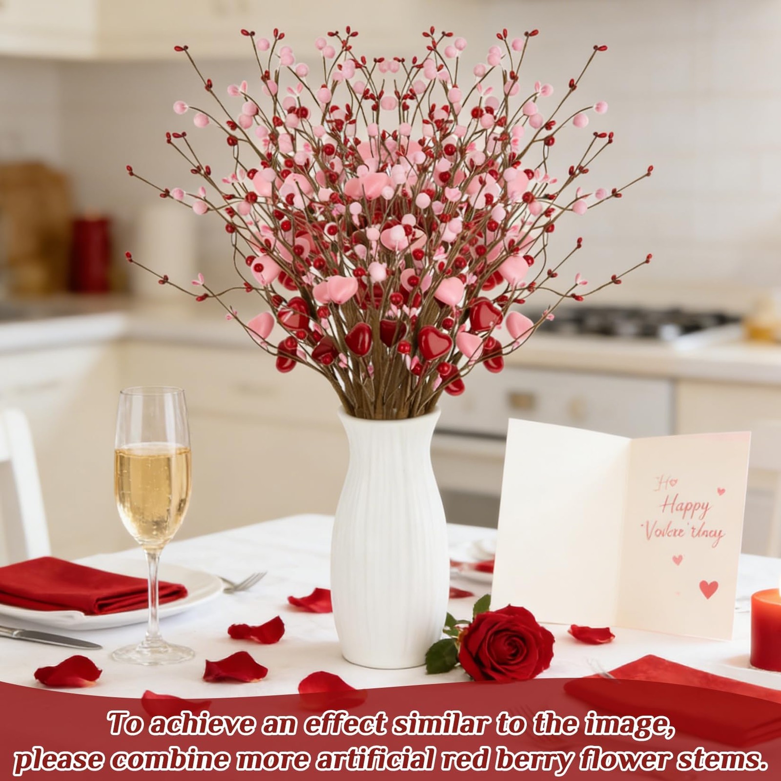 6PCS Artificial Red Stems – 16.5″ Heart Picks for Vase, Mother’s Day Floral D…