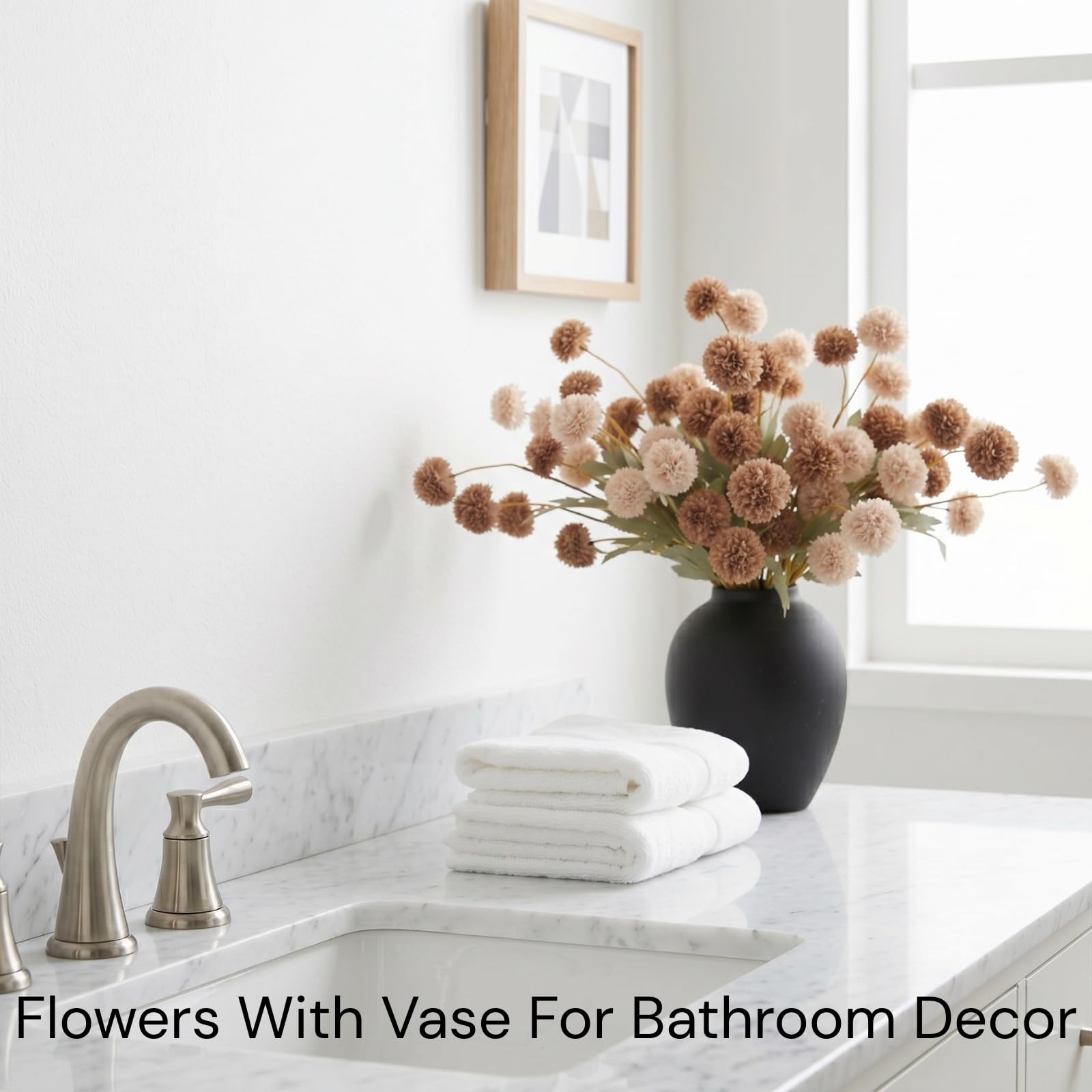 12 Stems Fake Mum Flowers with Black Vase for Home Decor