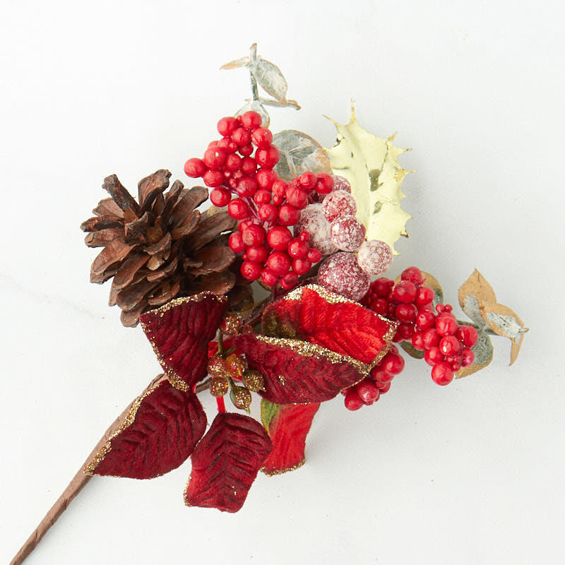Bulk Lot of 12 Festive Artificial Poinsettia and Berry Holiday 8″ Floral Picks