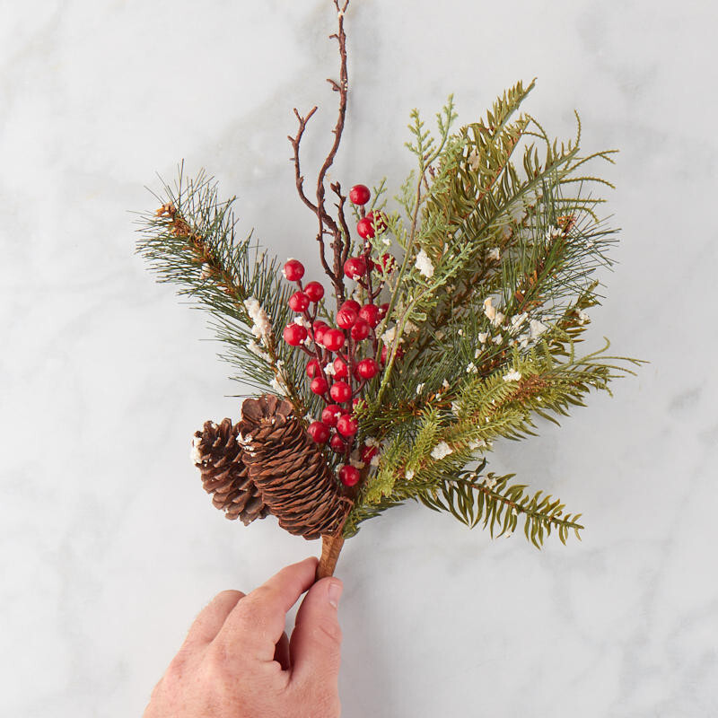 Artificial 16″ Snowy Red Berry and Pine Spray with Pinecones
