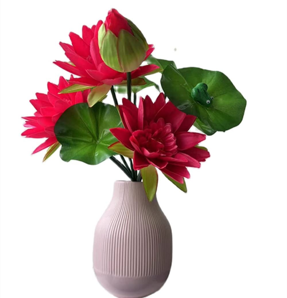 2pcs Red Lotus Artificial Flower Bouquets Faux Silk Water Lily Flower Bunch 1…