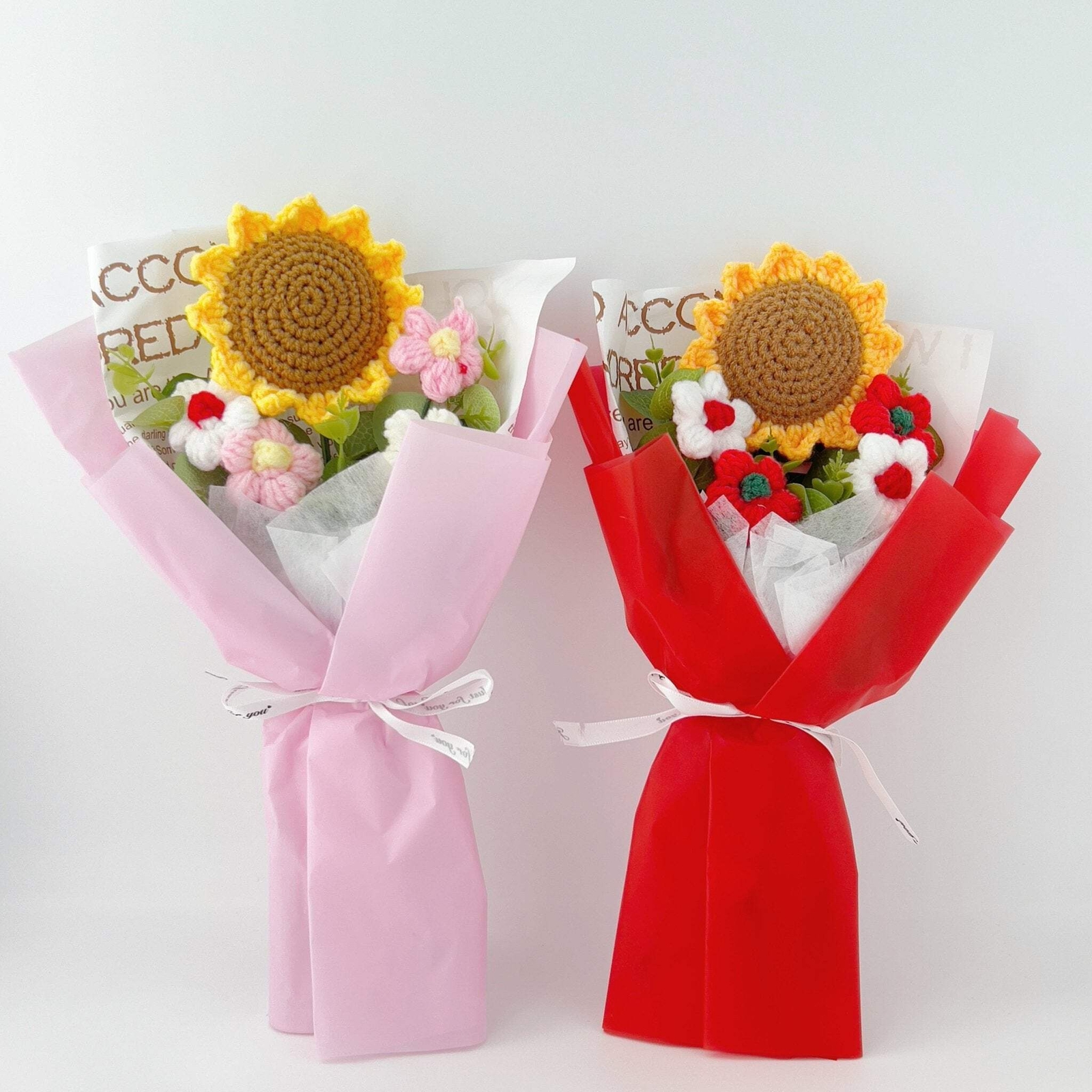Crochet Flowers Bouquet Sunflower Exquisite Knitted Flower Wrap with Light Ready