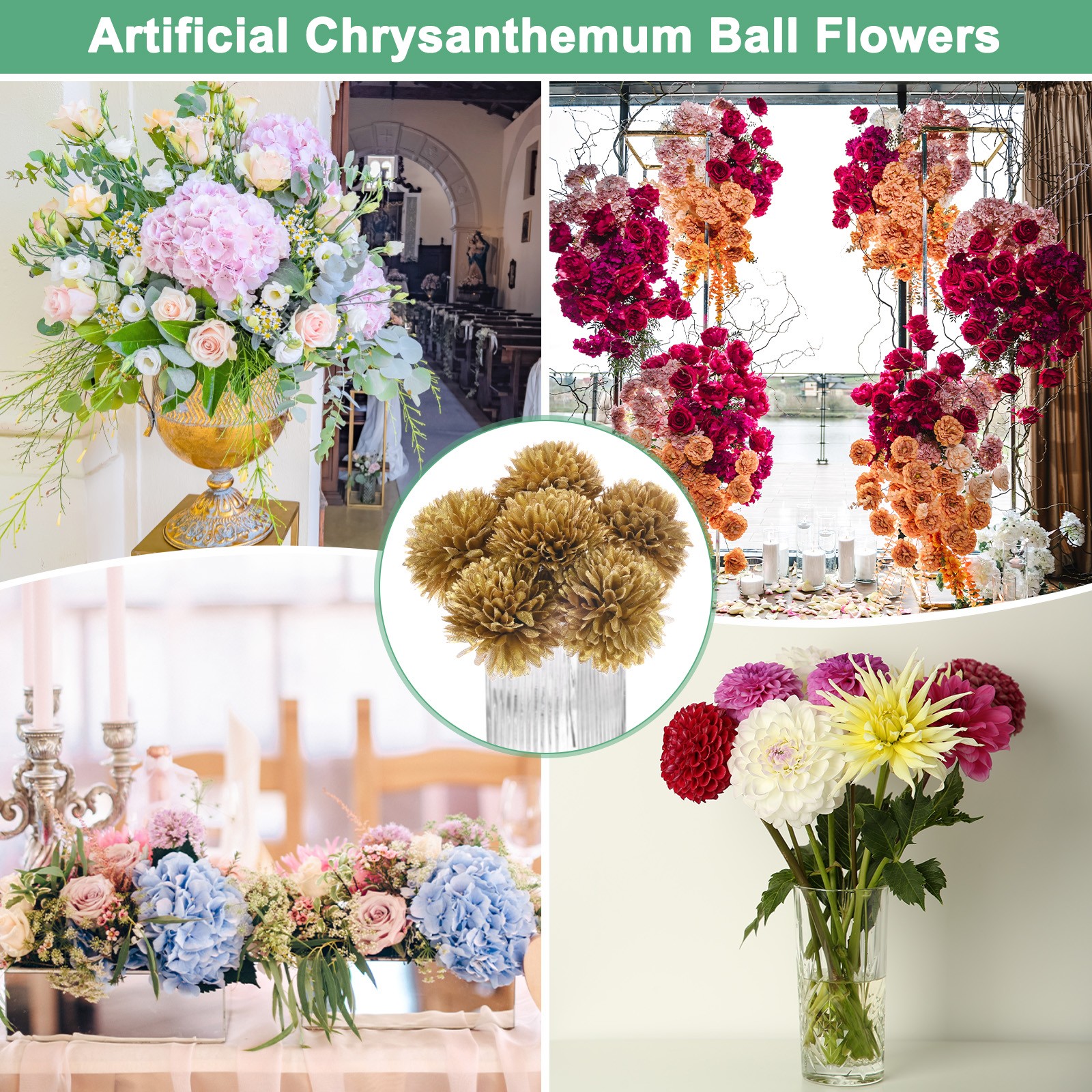 30-Pack Artificial Chrysanthemum Ball Flowers for Home Decor [Gold]