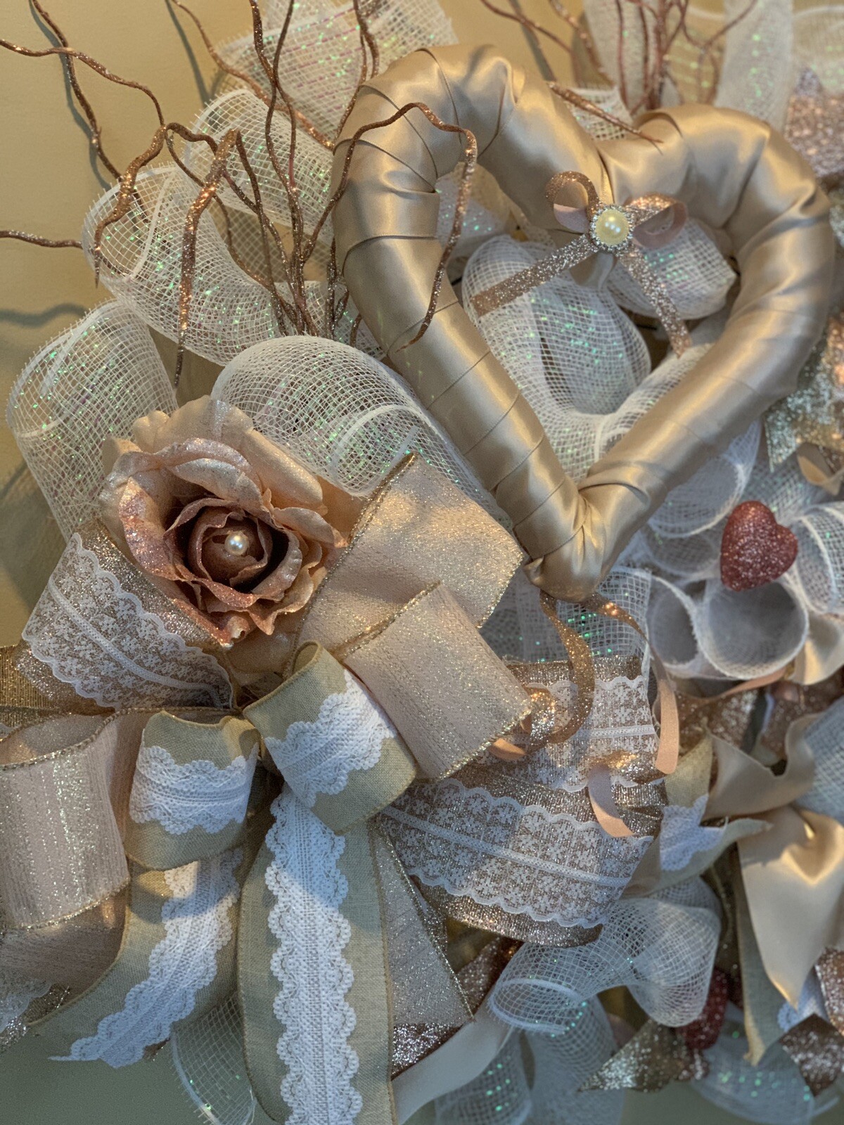 Front Door Wall Decor Romance Is In Full Bloom Pink Rose Tone Heart Mesh Wreath
