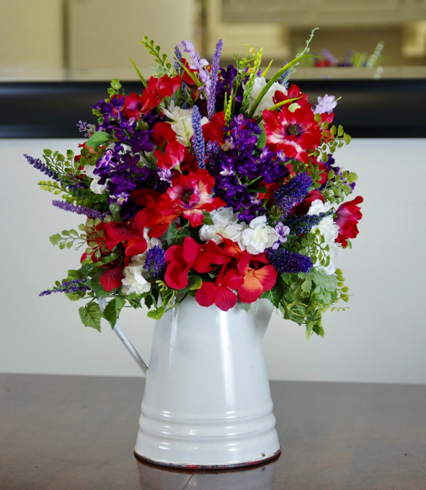 Silk Red and Purple Arrangement in Vintage Enamel Red & White Cowboy Coffee Pot