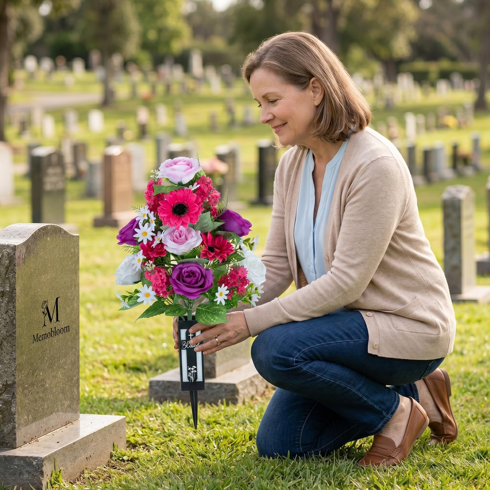 Artificial Flowers for Cemetery Grave: 2 Pcs Memorial Day Grave Decorations f…