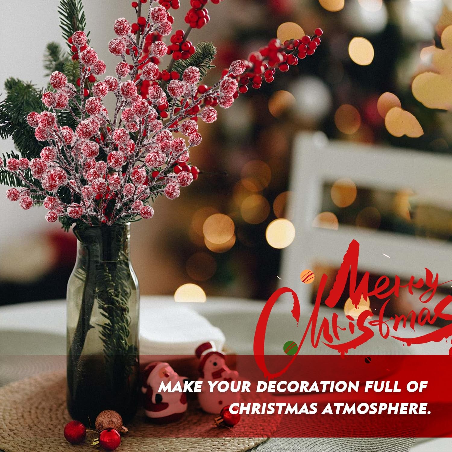 12Pcs Artificial Holly Stems 7.8 Inch Christmas Spray Picks with Snow Red Ber…