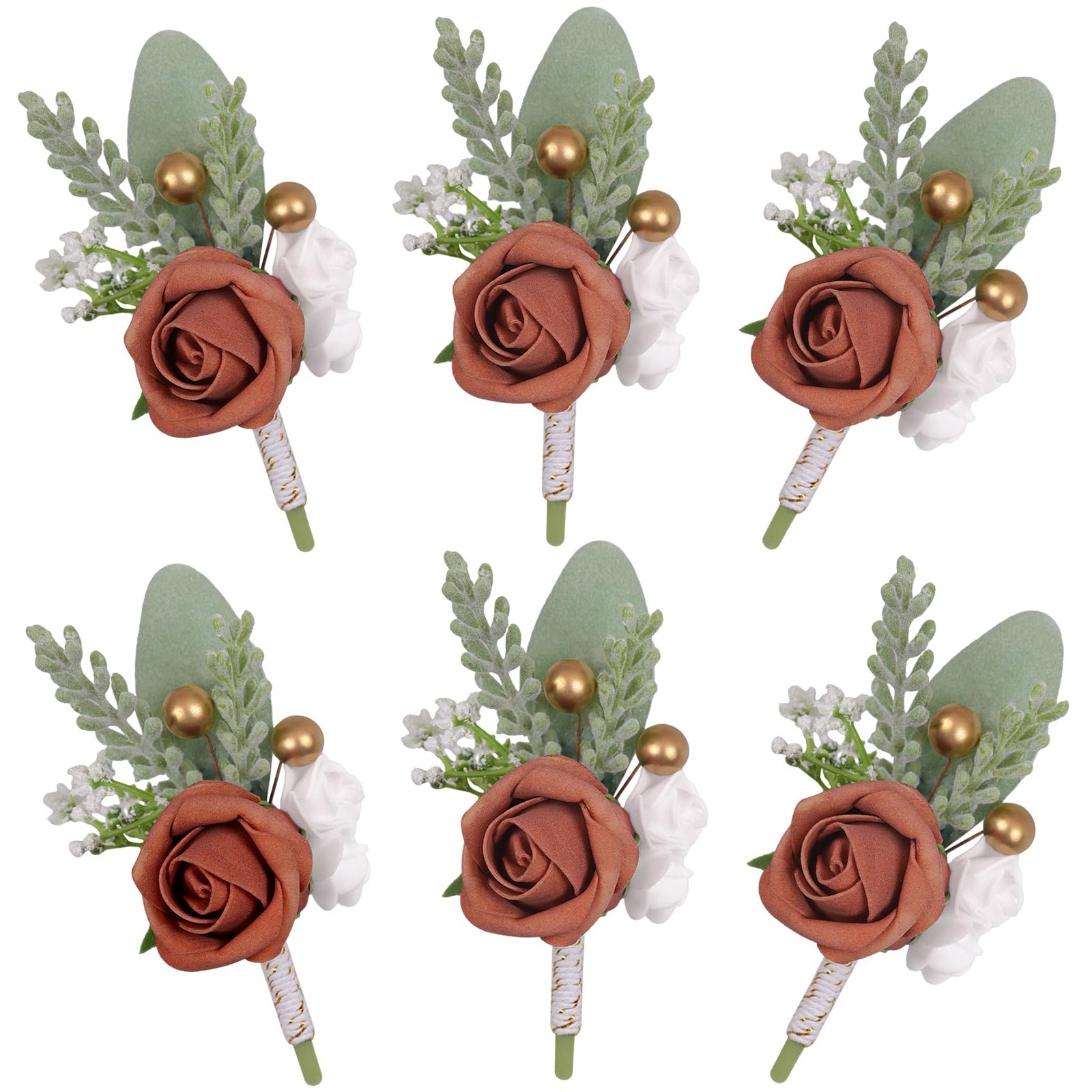 Burnt Orange Faux Foam Rose Boutonnieres for Men Wedding 6Pcs