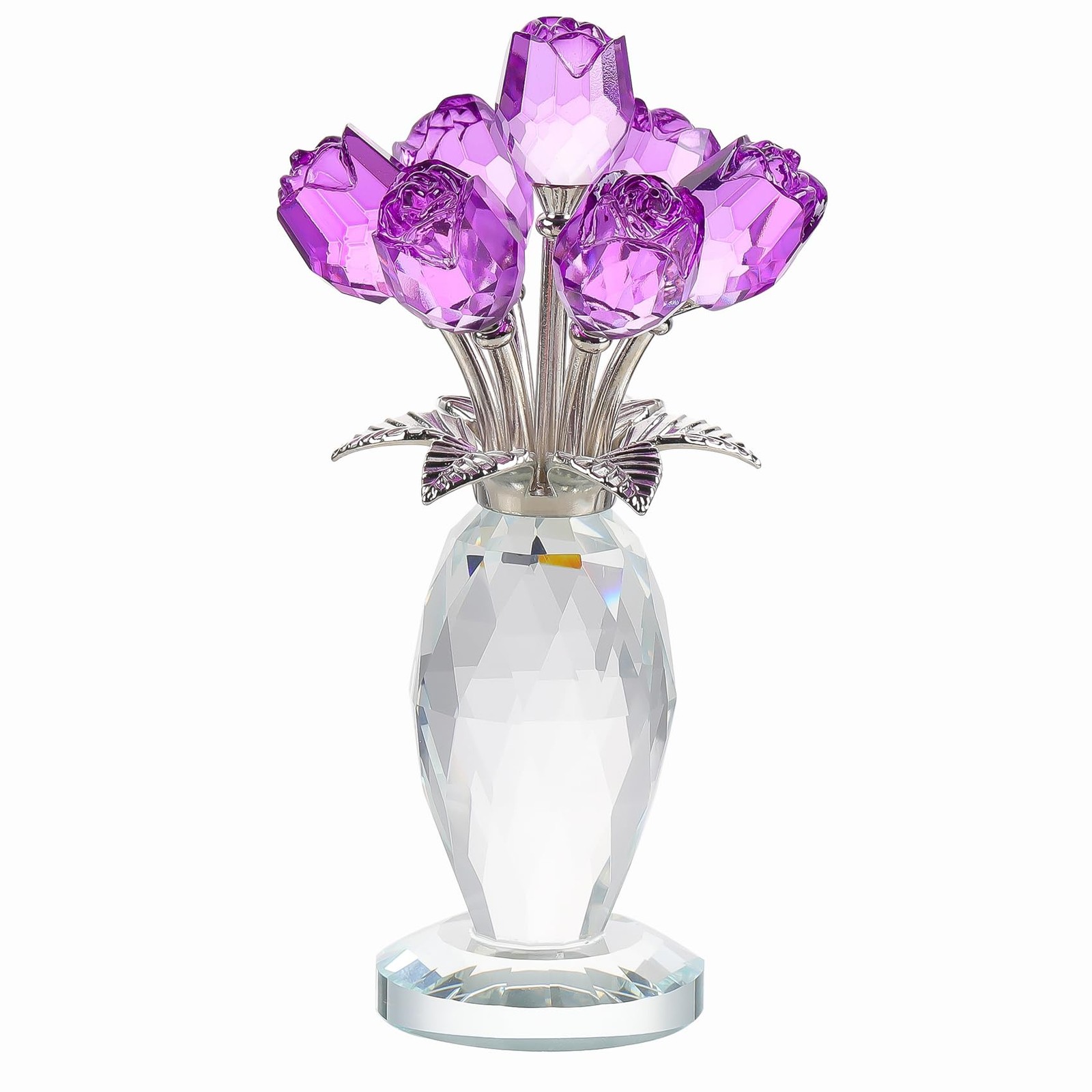 Handcrafted Crystal Purple Rose Figurine with Vase – Elegant Gift for Women