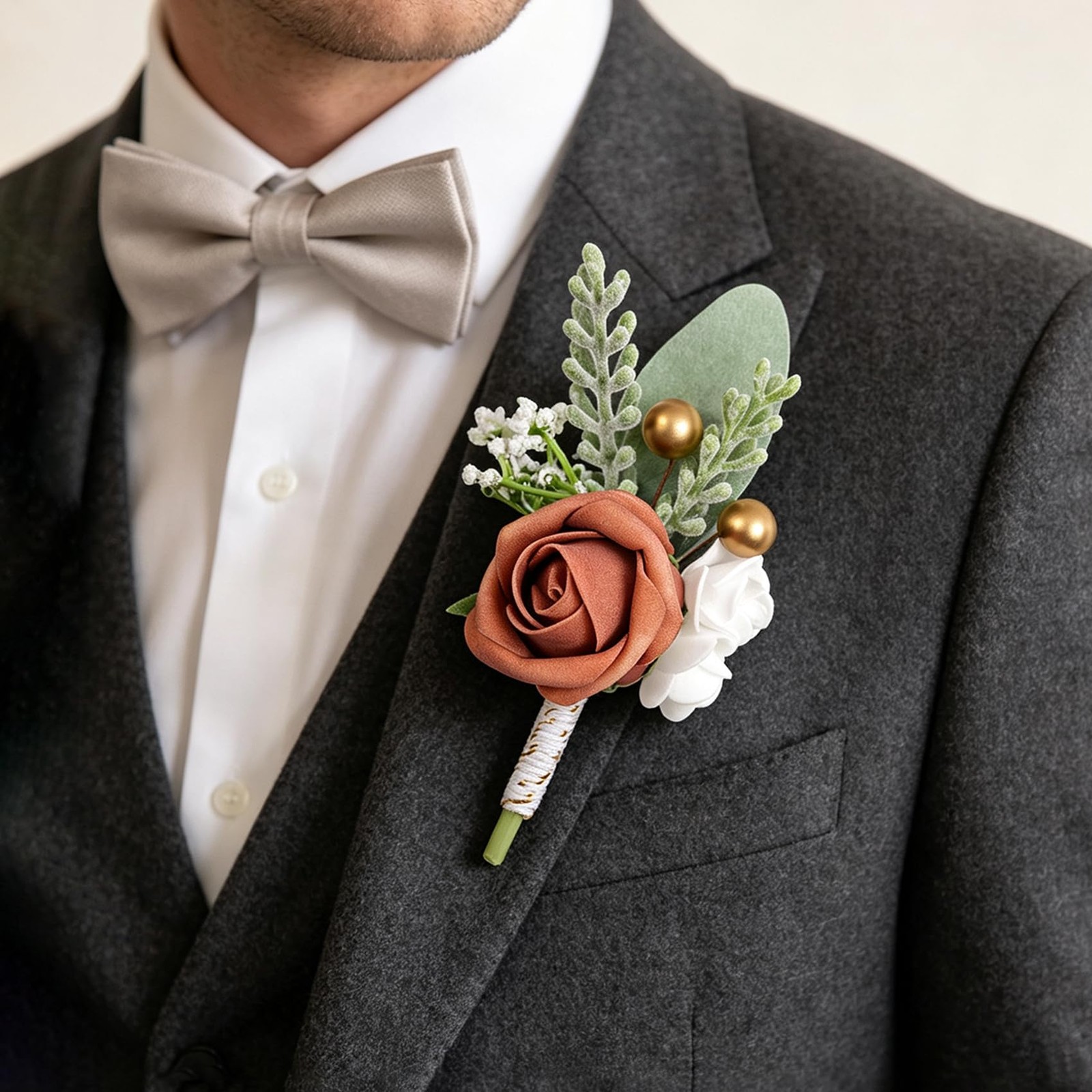 Burnt Orange Faux Foam Rose Boutonnieres for Men Wedding 6Pcs