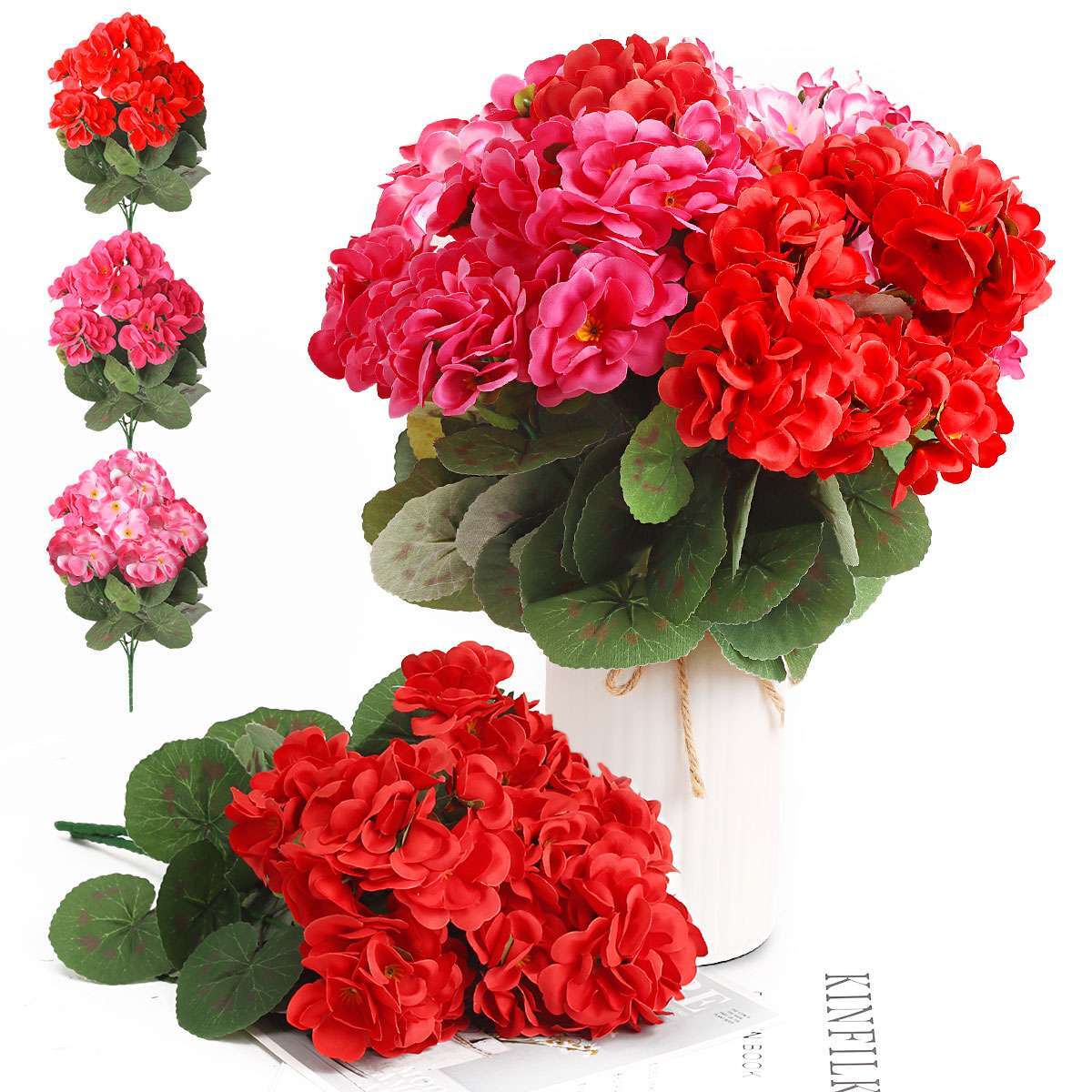 1-2 Bundles Artificial Red Geranium Silk Flowers Outdoor Plant Bush Faux Flower