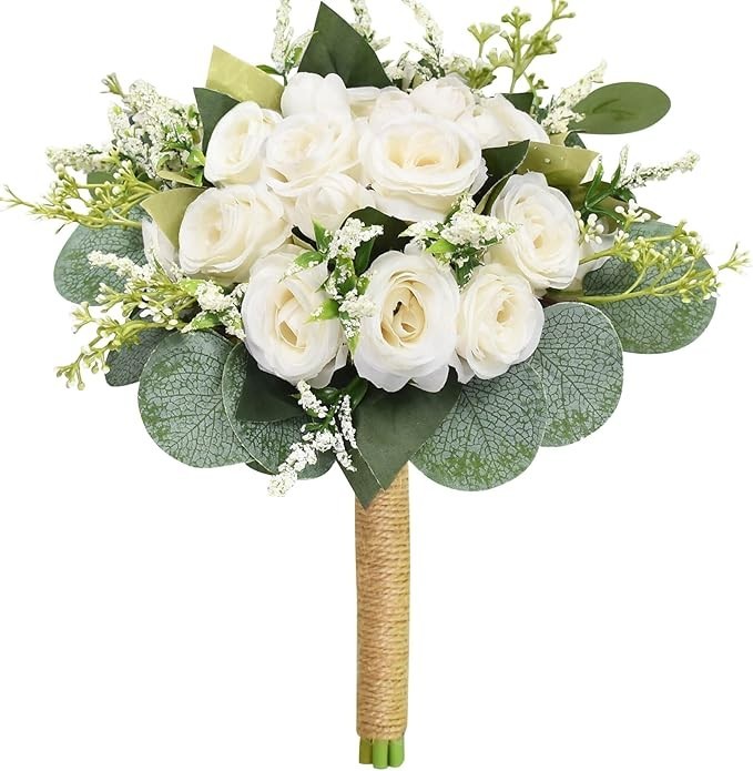 Wedding Bouquets for Bride Bridesmaid 7.8″ White Ivory Bouquet Artificial Sil…