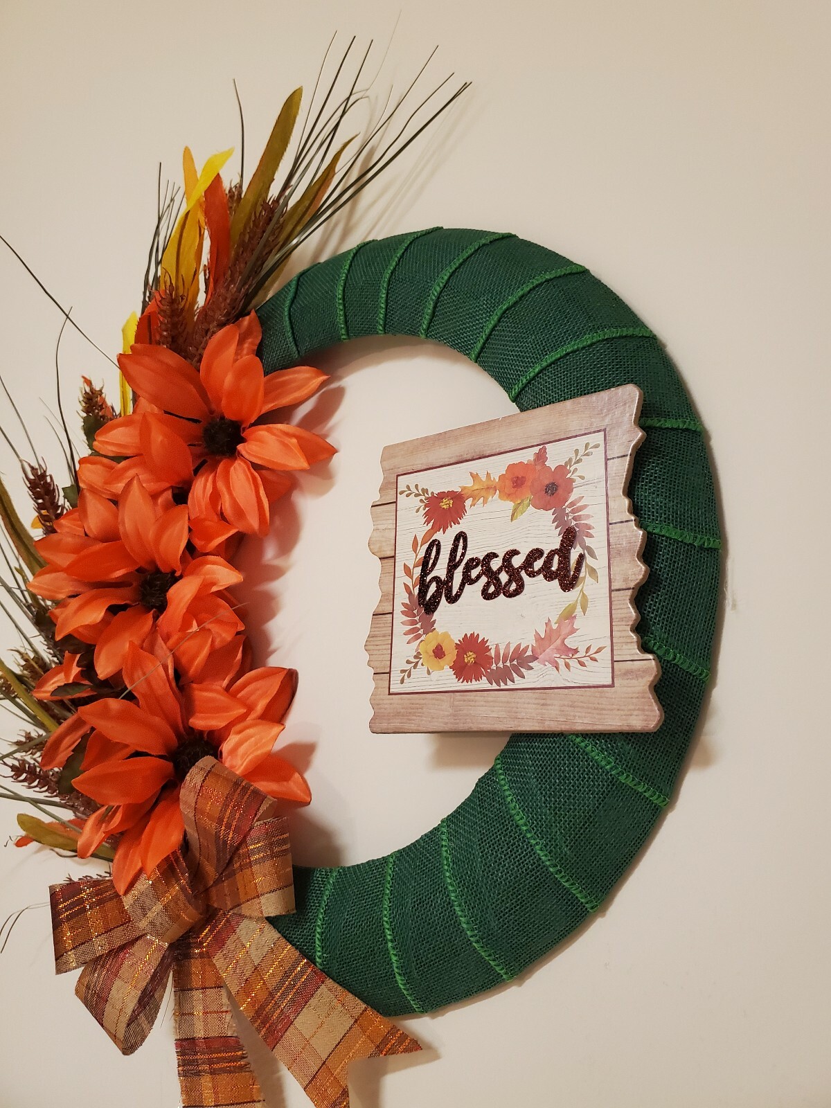 BLESSED wreath Asters Wheat orange Green burlap mesh FALL AUTUMN Decor Door 15″